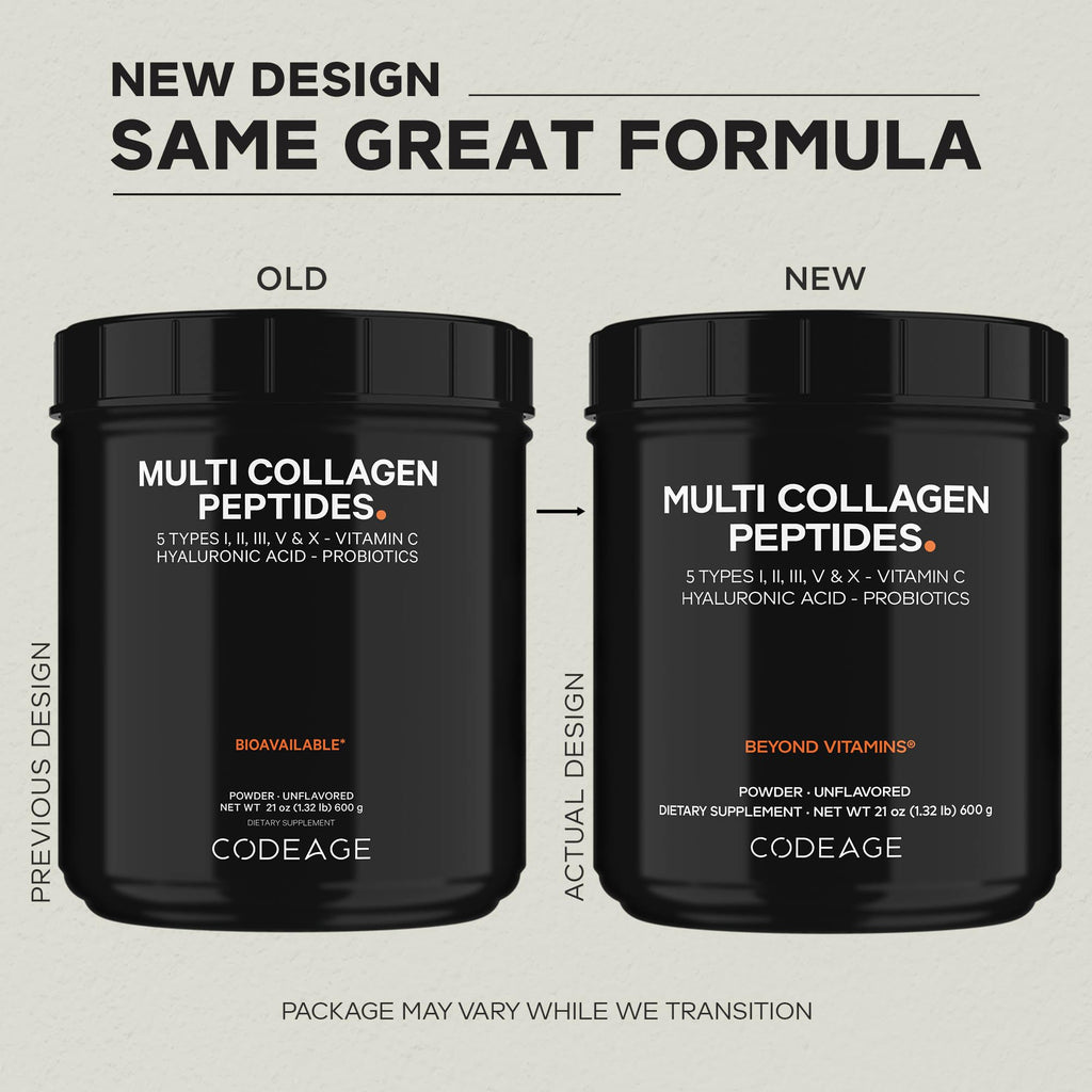 Codeage Multi Collagen Peptides + Probiotics Black Edition, Vitamin C, Hyaluronic Acid Powder Supplement, Grass-Fed, Pasture-Raised, Hydrolyzed, Zero Carbs, Type I, II, III, V & X, Unflavored, 21oz Codeage Au supplements