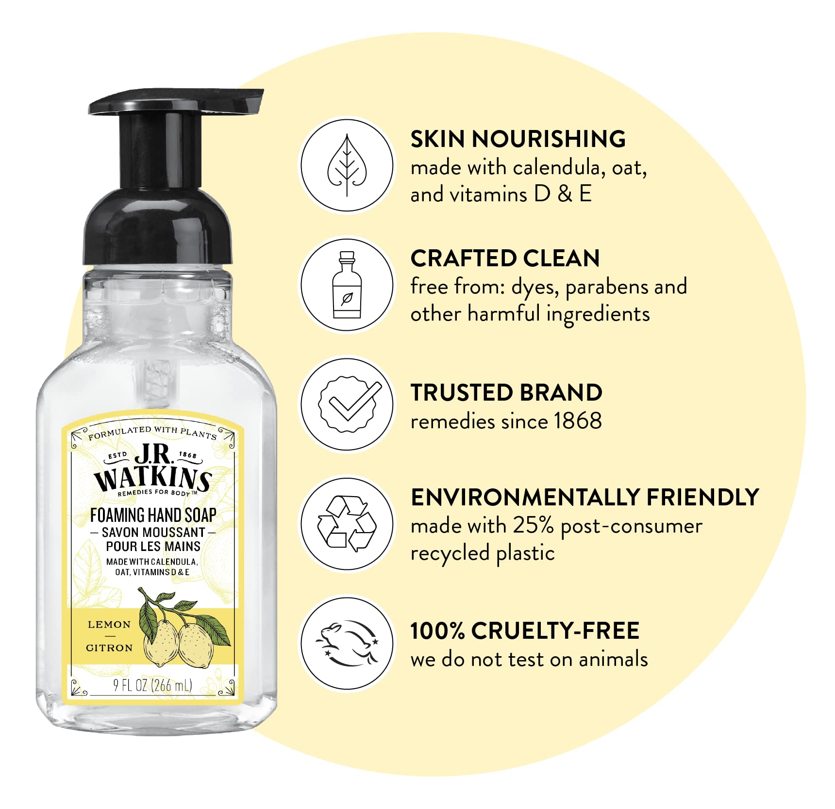 J.R. Watkins Foaming Hand Soap with Pump Dispenser, Moisturizing Foam Hand Wash, Alcohol-Free, Cruelty-Free, Citron, 9 fl oz, 3 Pack
