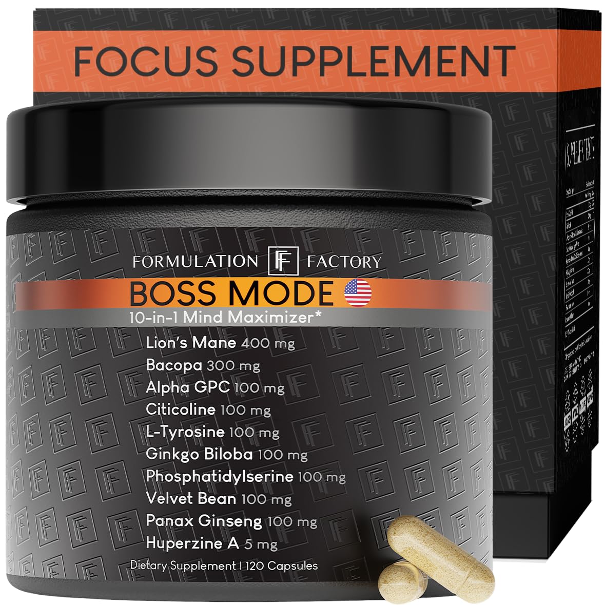 Formulation Factory Nootropic Brain Supplement - Boss Mode Focus & Memory Complex with Lion's Mane, Alpha GPC & Bacopa - Cognitive Support - 120 Capsules, 2 Month Supply Formulation Factory Au supplements