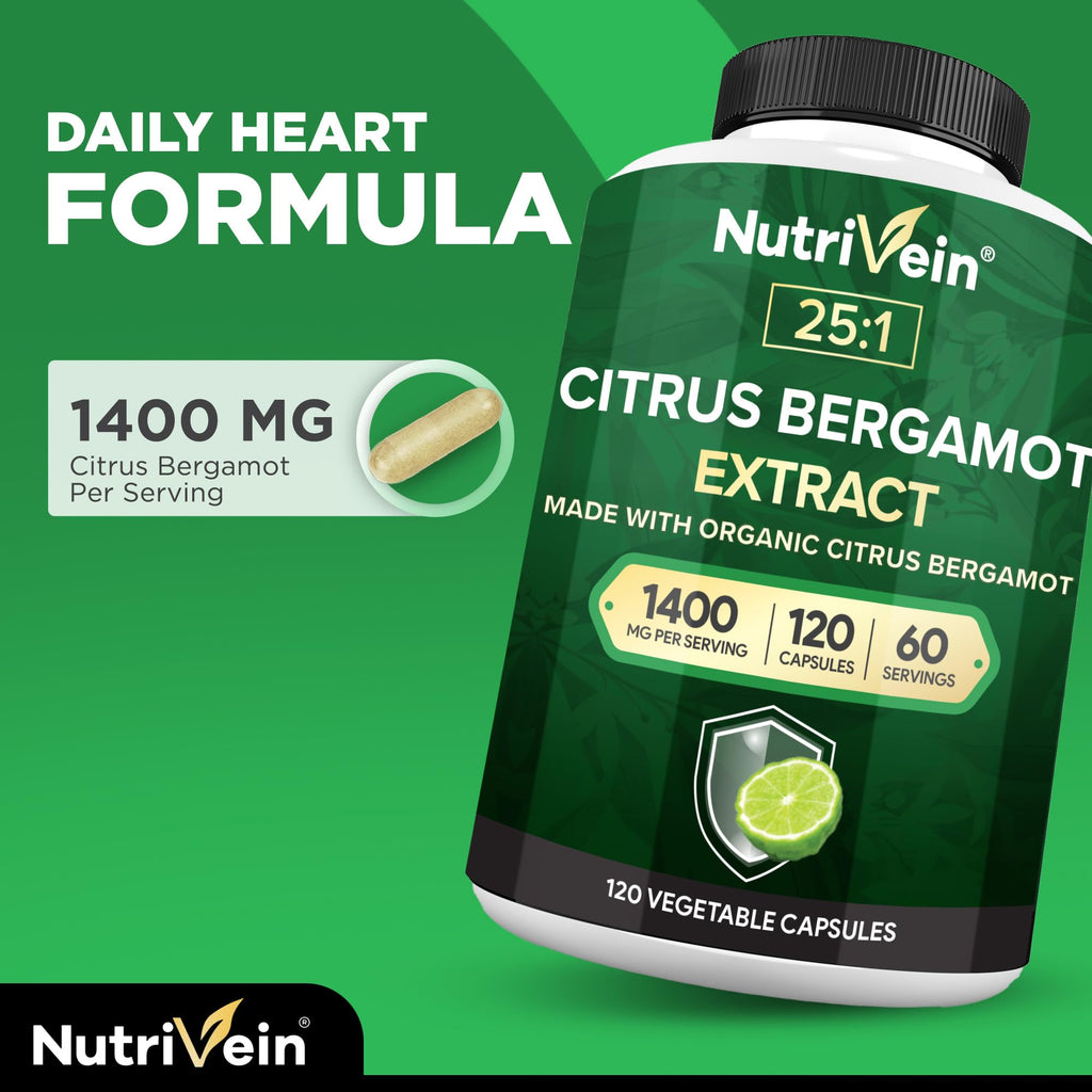 Nutrivein Premium Citrus Bergamot Supplement 1400mg 25:1 Bergamia Extract - 60 Day Supply (120 Capsules): Powerful Italian Citrus Bergamot 1400 mg+