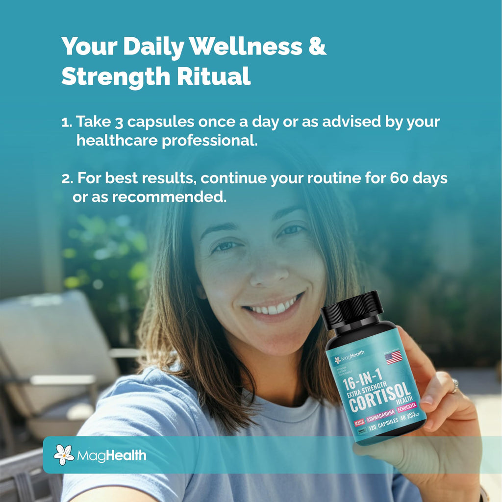 Cortisol Complex 16-in-1 Supplement for Women & Men | Stress Support Manager with Organic Ashwagandha, Maca Root, Rhodiola Rosea & Shilajit | Adaptogen Blend for Balance & Energy | 120 Capsules MagHealth Au supplements