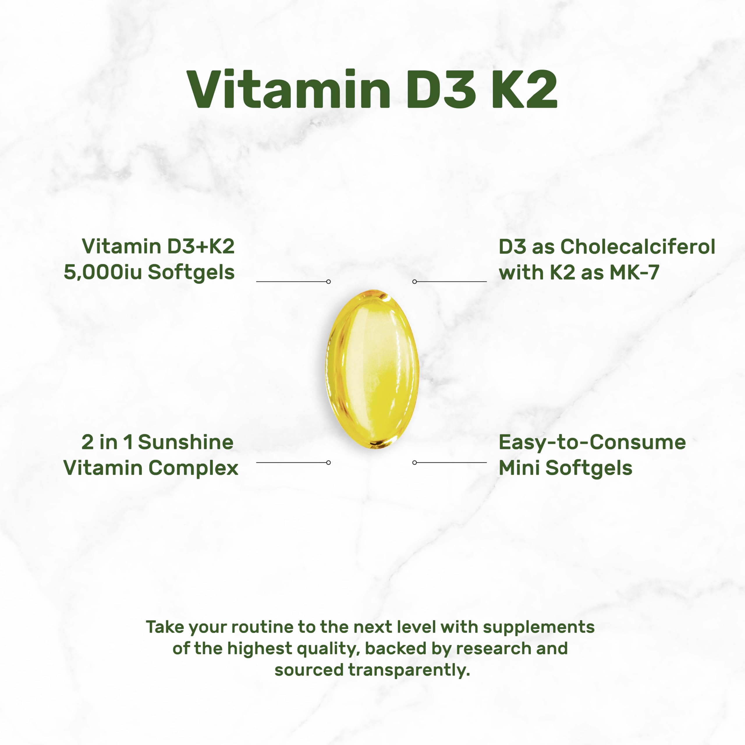 DEAL SUPPLEMENT Vitamin D3 5,000 IU + K2 MK7 Softgels, 250 Count | 2-in-1 Complex | Easy to Swallow