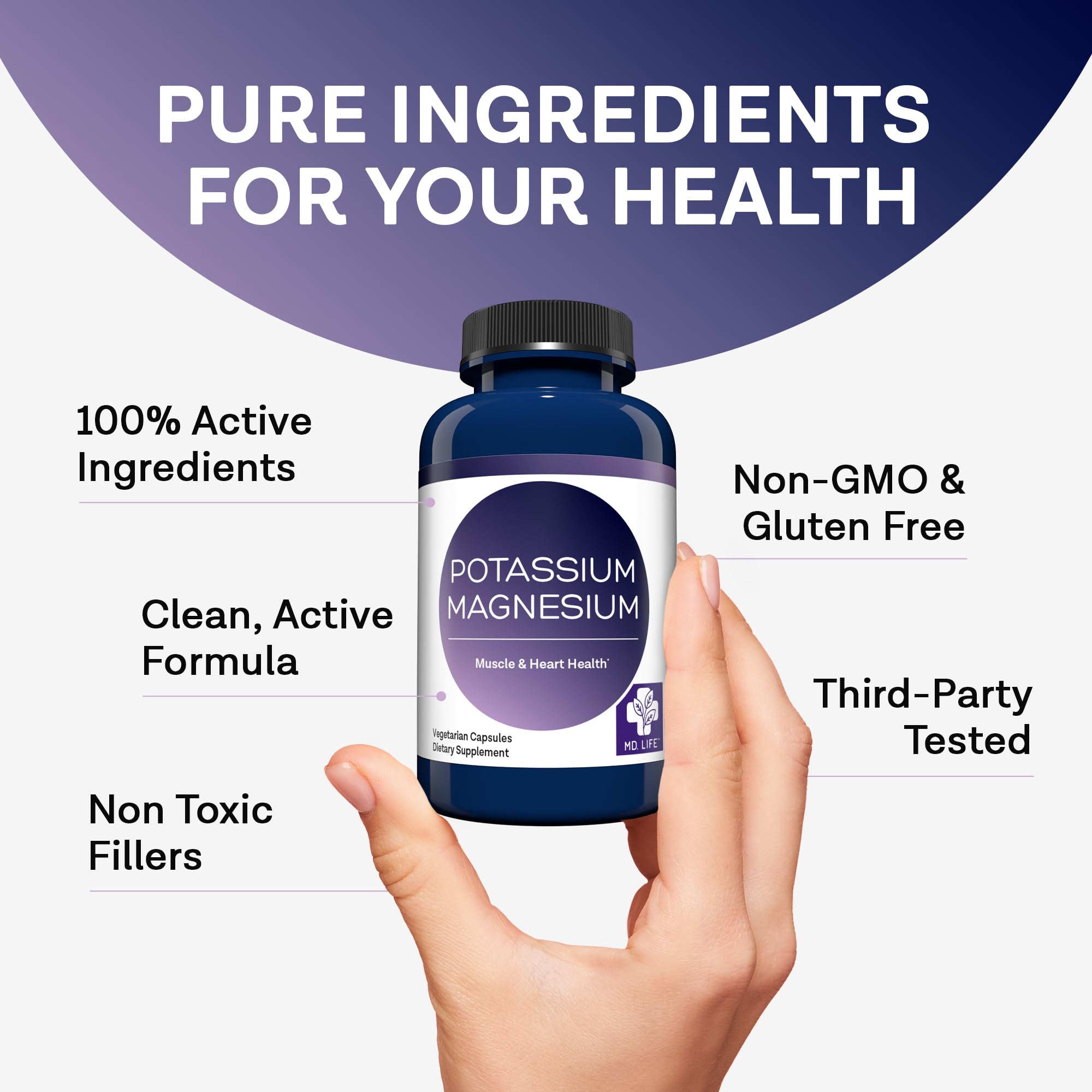 MD. Life Potassium Magnesium Supplement - 90 Capsules - Magnesium Potassium Supplement - High Absorption Complex
