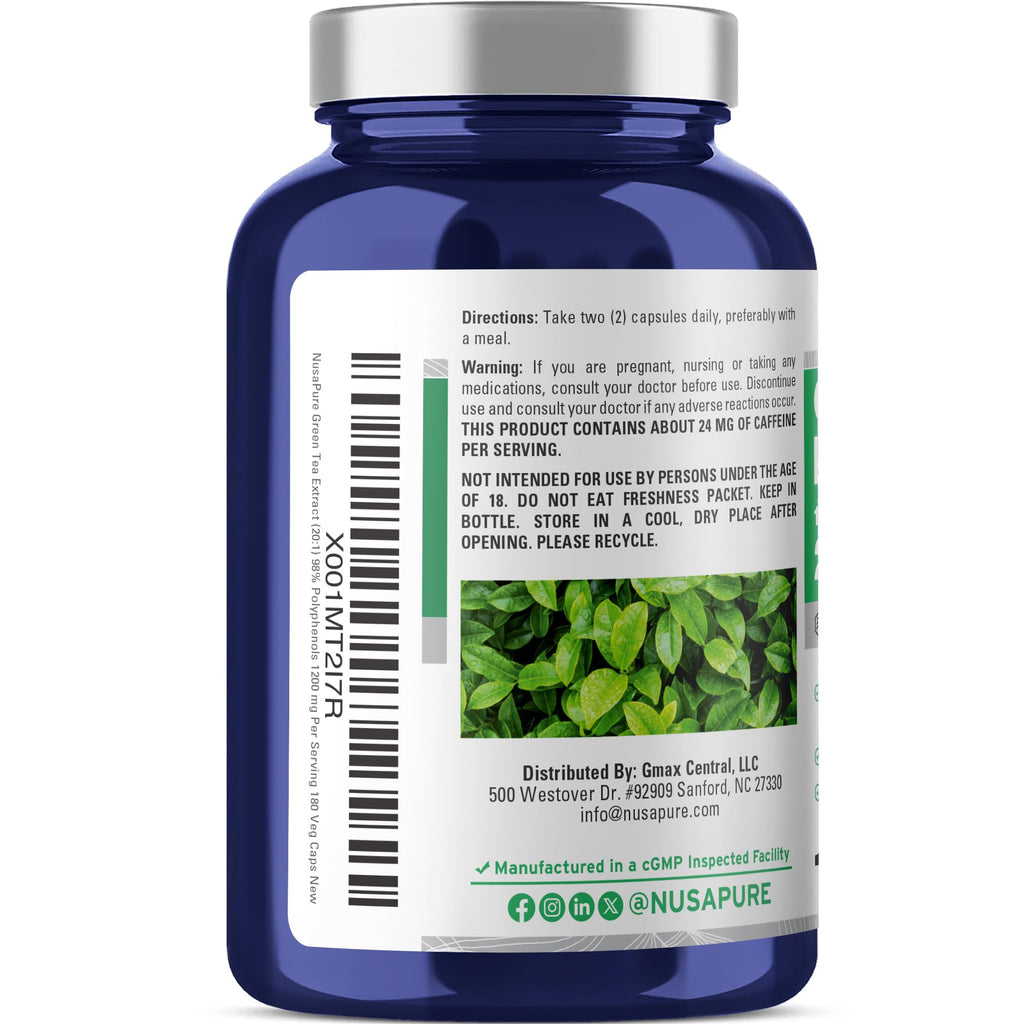 NusaPure Green Tea 20:1 Extract, 1200 mg Equivalent to 24000mg, 180 Vegan Capsules, 50% EGCG, 98% Polyphenols, 80% Catechins NusaPure Au supplements