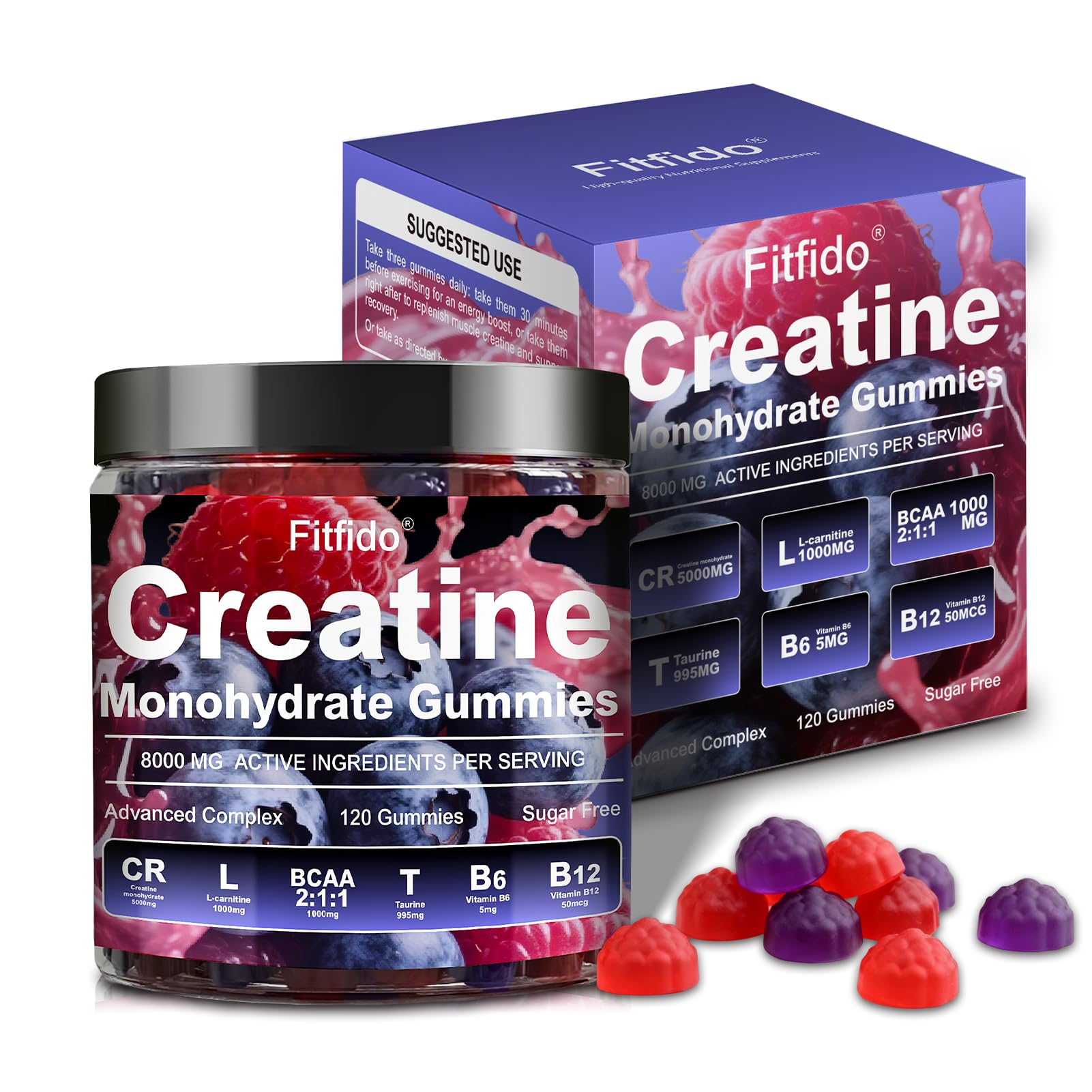 Creatine Monohydrate Gummies Complex 8000mg for Men and Women, Containing L-carnitine & Taurine, Build Muscle, Boost Energy, Faster Recovery, Sugar Free & Vegan