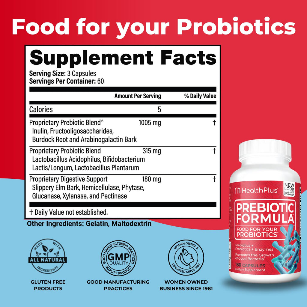 Health Plus Prebiotic Formula - Probiotics + Prebiotics + Digestive Enzymes - Gluten Free, Dairy Free, Natural Herbal Ingredients