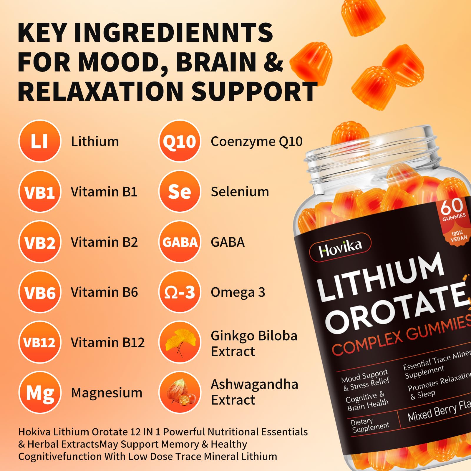 Lithium Orotate 5mg 10mg Gummies Lithium Supplements with Vitamin B, Magnesium & Selenium for Mood Support, Stress Relief, Brain Health, Non-GMO, Vegan, Gluten Free