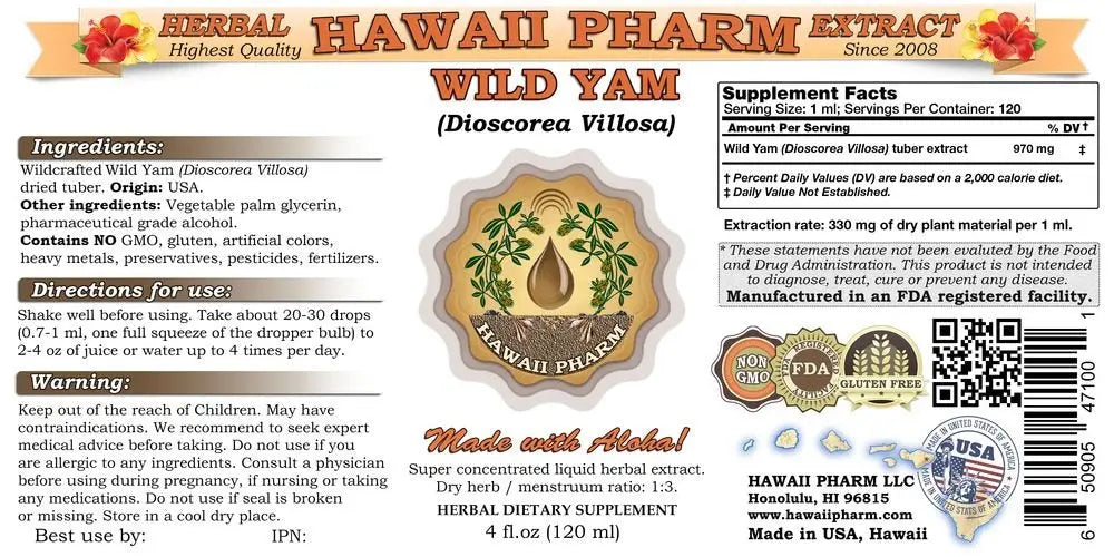Wild Yam Liquid Extract, Wild Yam (Dioscorea Villosa) Tincture 4x4 oz HawaiiPharm Au supplements