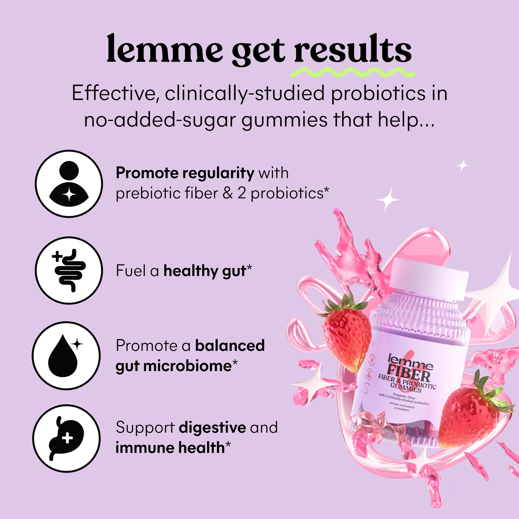 Lemme Fiber & Probiotic Gummies for Adults, Promotes Regularity & Digestive Health, No Sugar Added Strawberry Flavor, 4g Prebiotic Fiber & Clinically