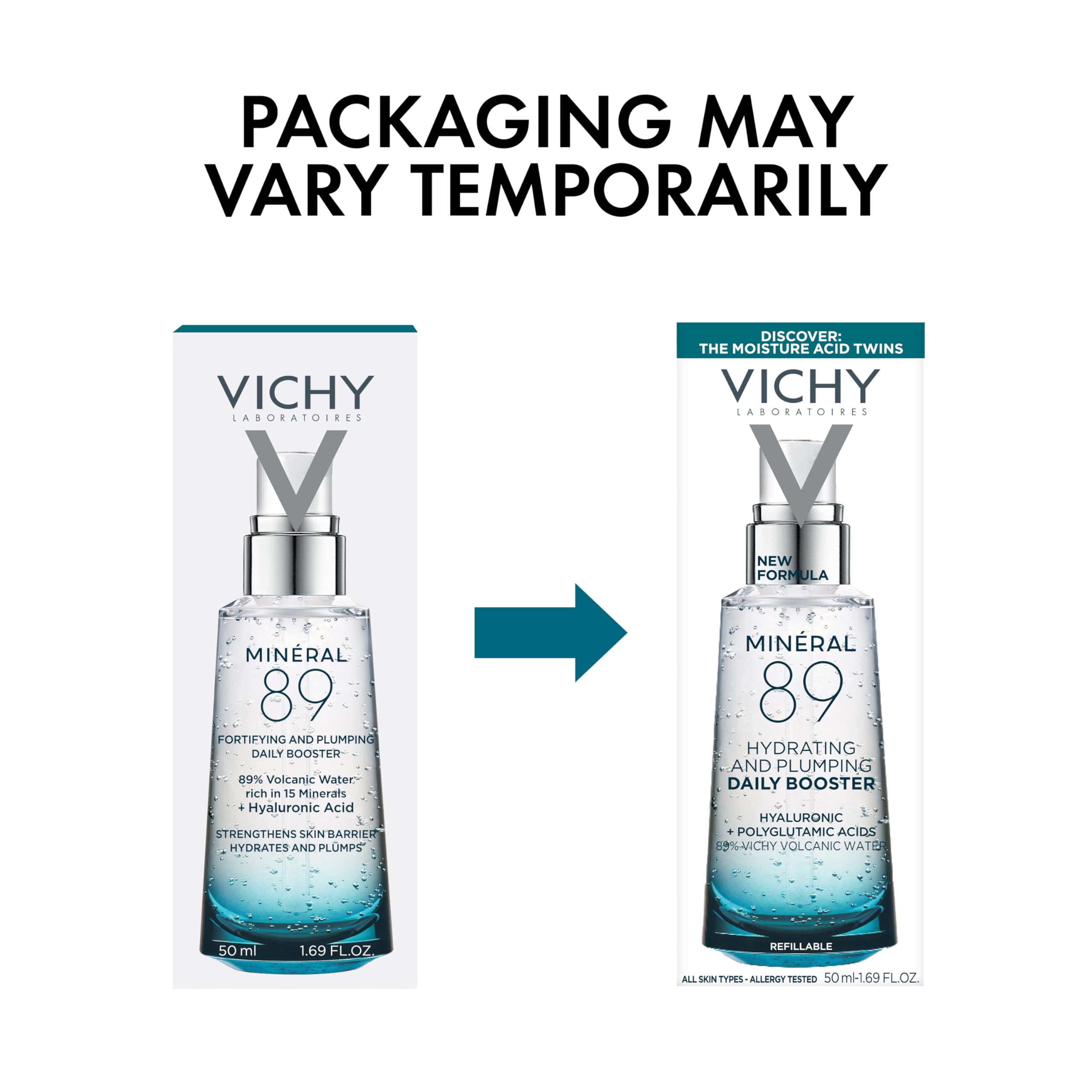 VICHY Mineral 89 Booster, Pure Hyaluronic Acid Serum for Face with Polyglutamic Acid for Skin Barrier Repair, Plumps & Hydrates
