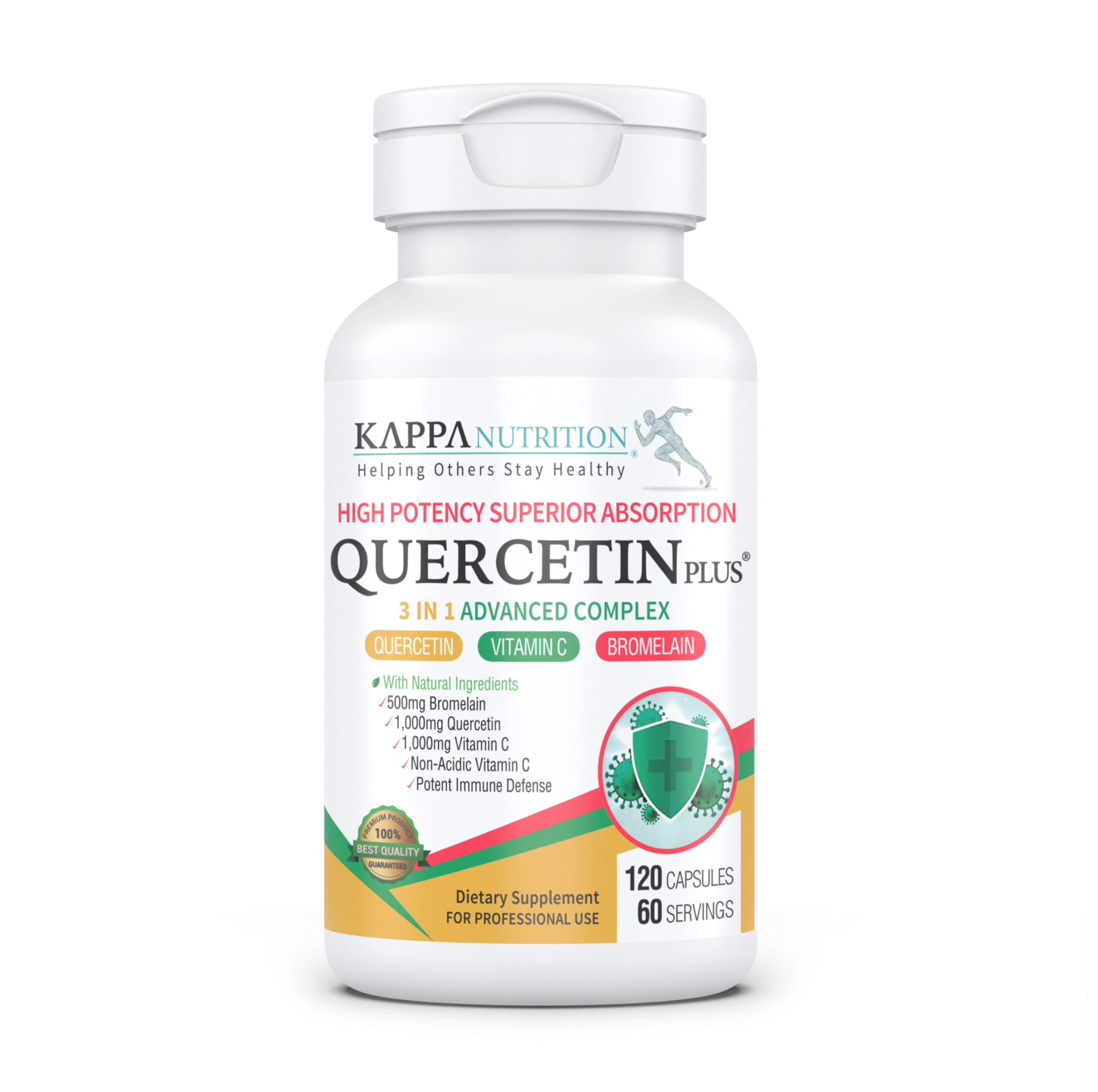 QUERCETIN PLUS, Quercetin 1,000mg, Bromelain 500mg and Vitamin C 1,000mg, (120 Capsules), 3 in 1 from Bioflavonoids, Supports Immune, Cardiovascular & Respiratory Health, Seasonal Allergy Relief. KAPPA NUTRITION Au supplements