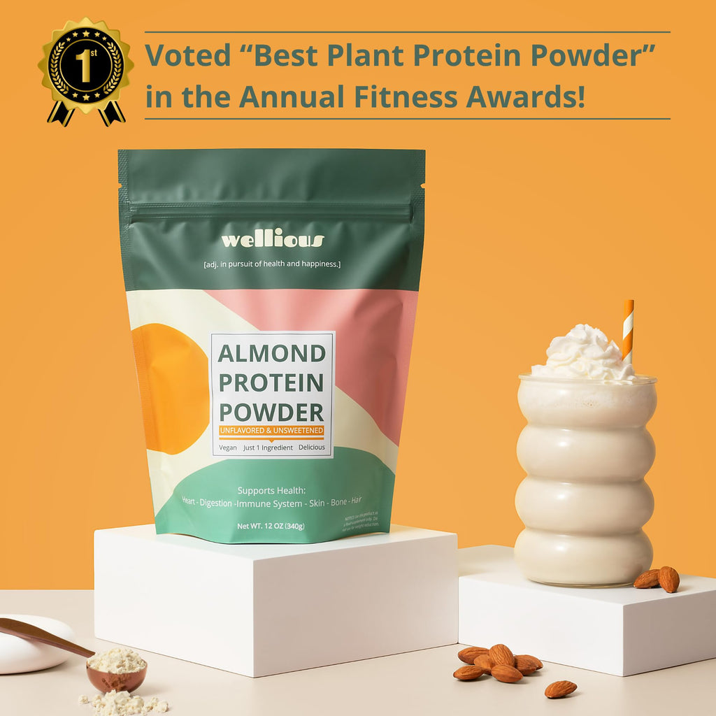 wellious Almond Protein Powder (Unflavored, Unsweetened) - 18 Grams of Pure Healthiest Vegan Protein for Women & Men | Soy-Free & Gut Friendly Protein