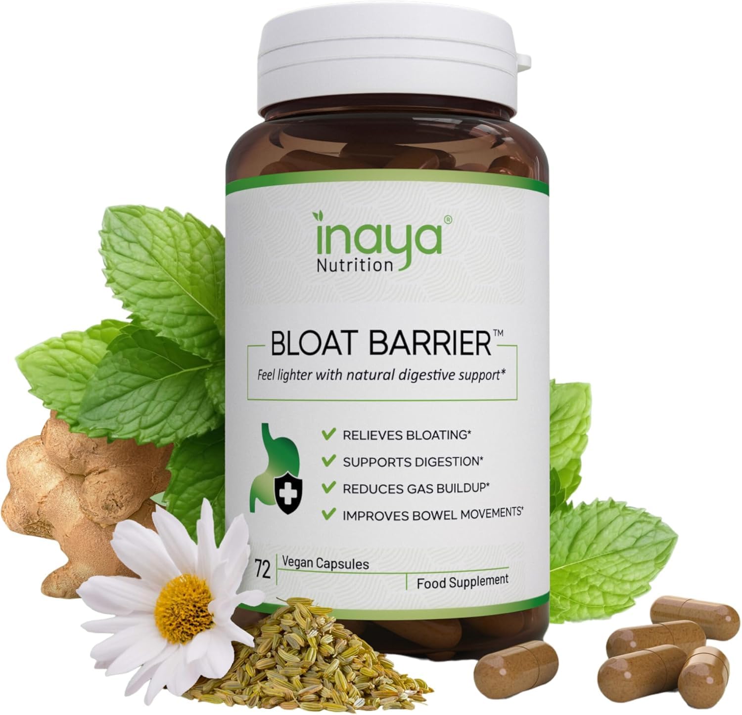 Inaya Nutrition BloatBarrier 72 Capsules - Natural Digestion and Bloating Supplement for Stomach Bloating Relief, Gas Reduction, and Improved Bowel Movements