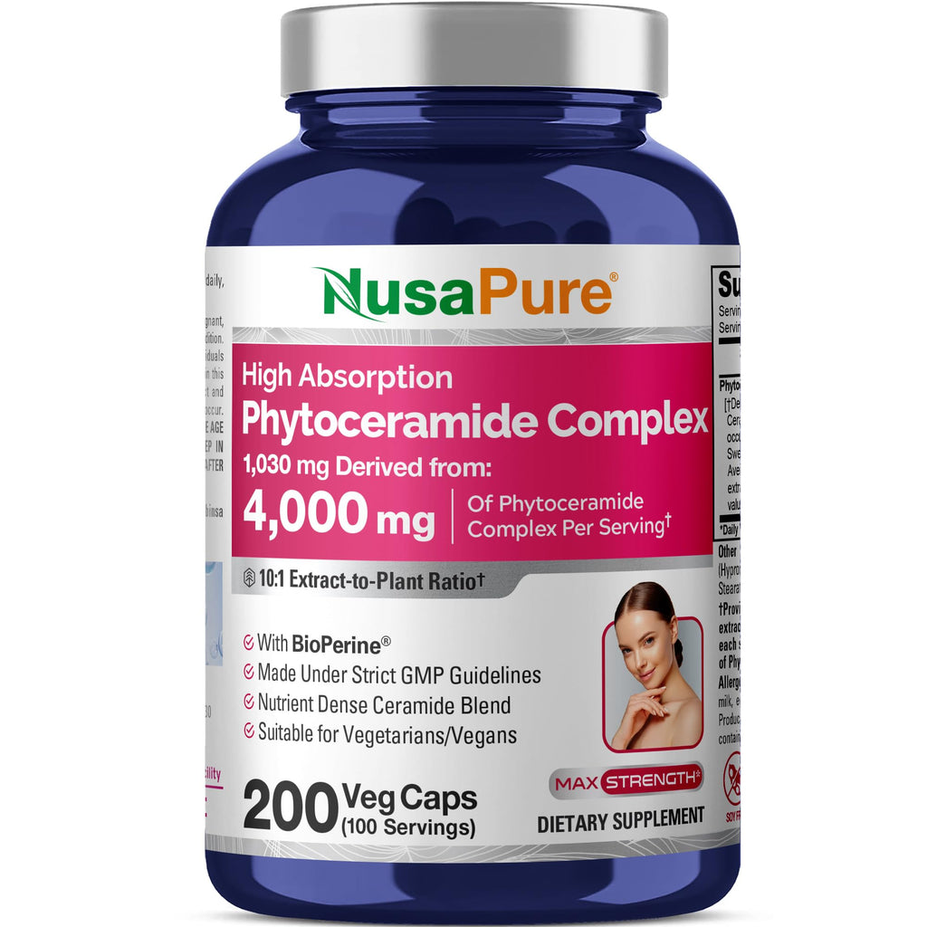 NusaPure Phytoceramide Complex 10:1 Extract, 1030 mg Equivalent to 4000 mg 200 Veggie Capsules (Non-GMO) Bioperine NusaPure Au supplements