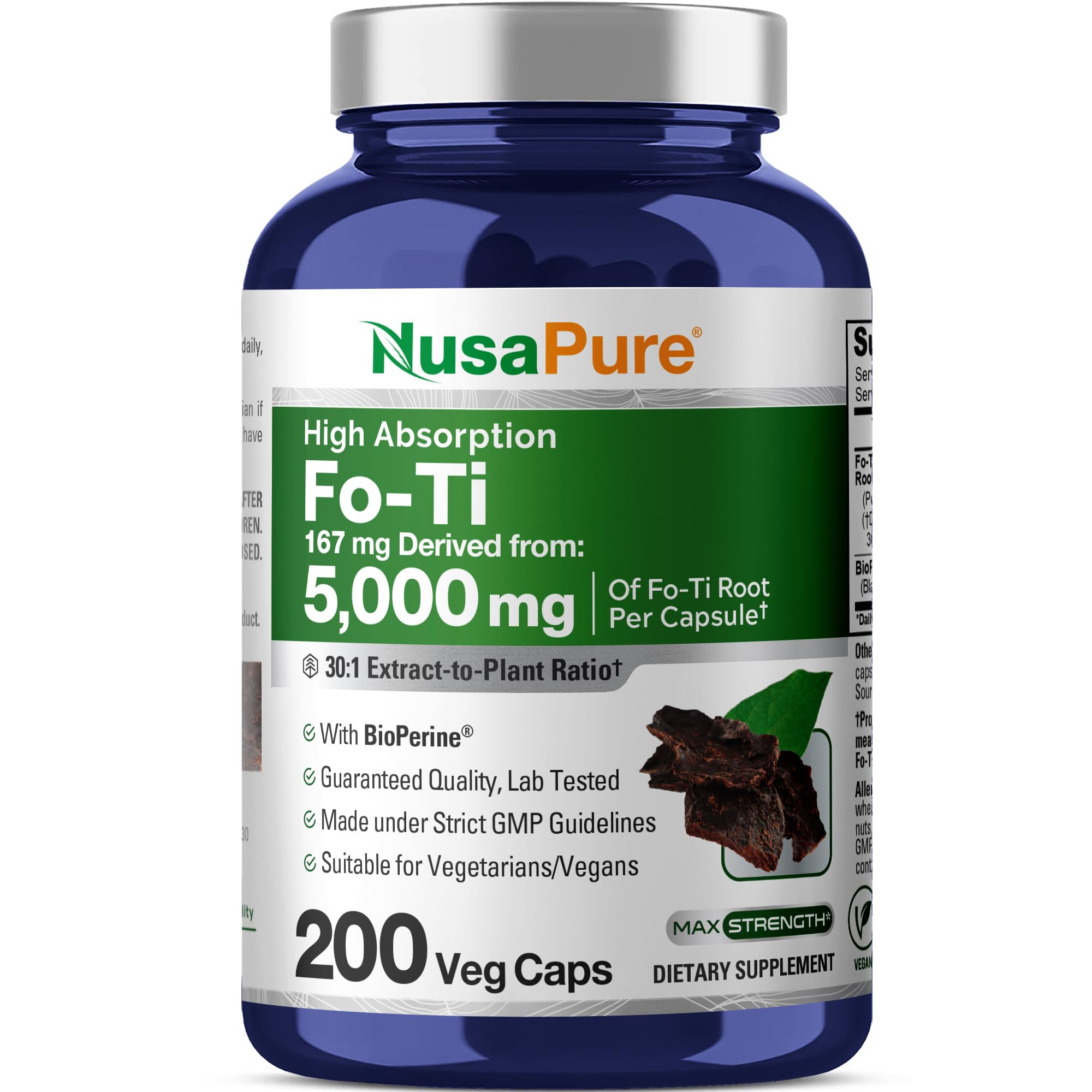 NusaPure Fo-Ti 30:1 Extract, 167 mg Equivalent to 5000mg per Veg Caps, 200 Count, Non-GMO, Vegan, Bioperine NusaPure Au supplements