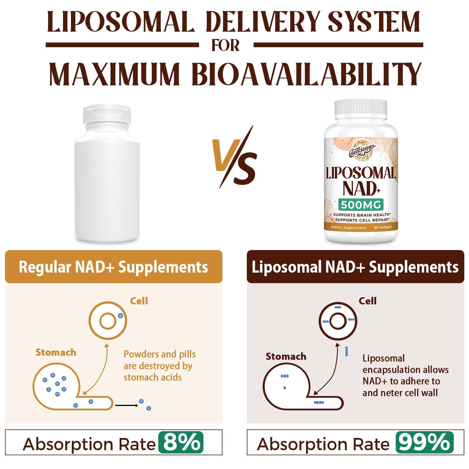 Liposomal NAD+ 500 MG Supplement, True NAD Plus Supplement, Superior Absorption, Boost NAD+ More Efficient Than Nicotinamide Riboside for Cellular Energy, Healthy Aging, 120 Serving Caenciennes Au supplements