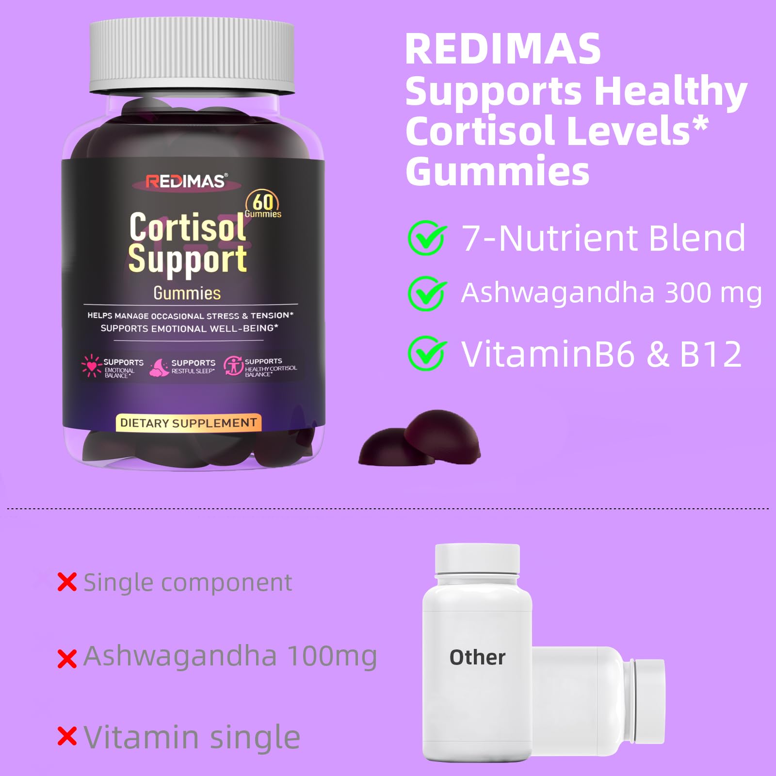 Redimas Cortisol Gummies for Women & Men with Ashwagandha, Magnesium, L-Theanine and Multivitamin, Vegan Chewable Gummies for Daily Lifestyle Balance, Convenient Adult Supplement, 60 Count Redimas Au supplements