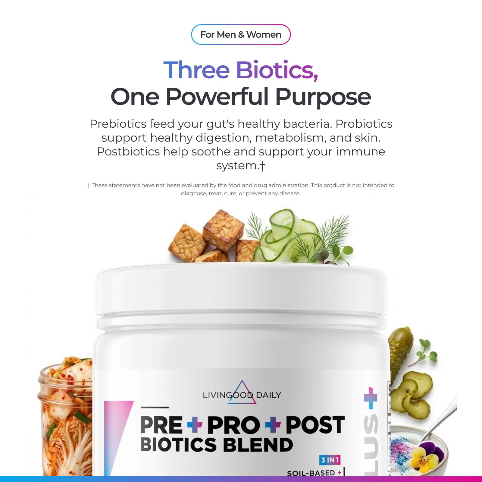 Livingood Daily Pre Pro Post Biotics Blend Powder, Digestive Health Supplement with Prebiotics from Organic Blue Agave Inulin, SBO Probiotics, Probiotics for Women & Men