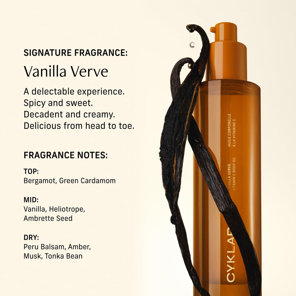 CYKLAR Vitamin C Body Oil for Women and Men. Moisturizing Vanilla Verve Scented Body Serum for Glowing Skin. Nourishing