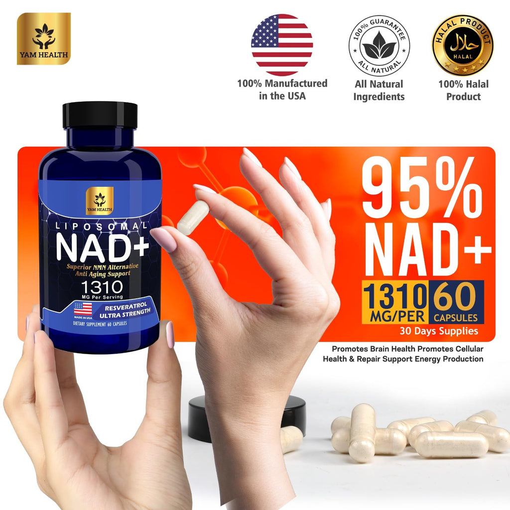 YAM Health Liposomal NAD Nicotinamide Riboside Equivalent with Trans-Resveratrol 300mg, Premium Halal NAD Supplement for Energy Metabolism, DNA Repair and Longevity, Vegan, Non-GMO (60 Count) YAM Health Au supplements