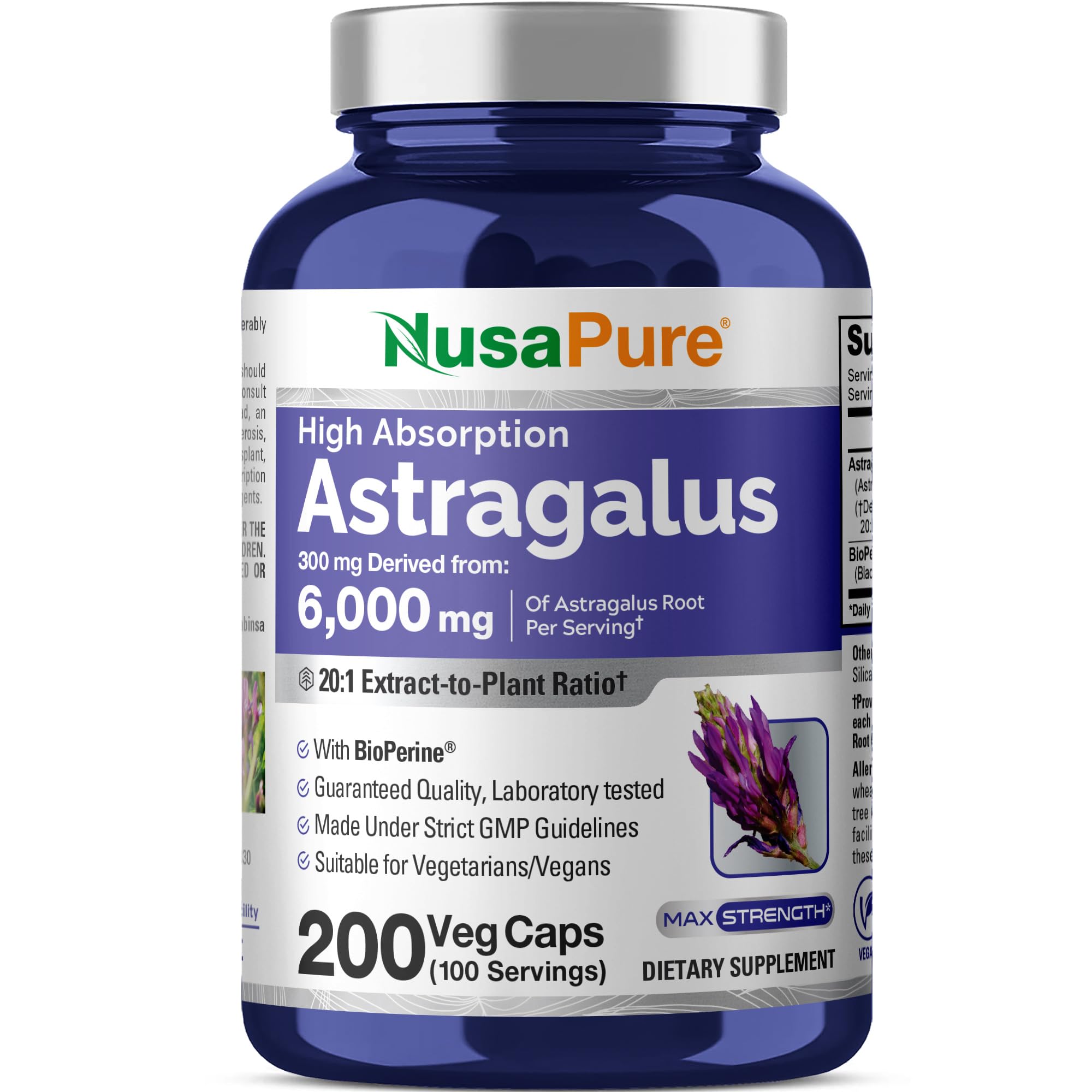 NusaPure Astragalus 20:1 Extract, 300 mg Equivalent to 6,000mg Per Serving, 200 Veggie Capsules, Vegan, Non-GMO & Bioperine NusaPure Au supplements