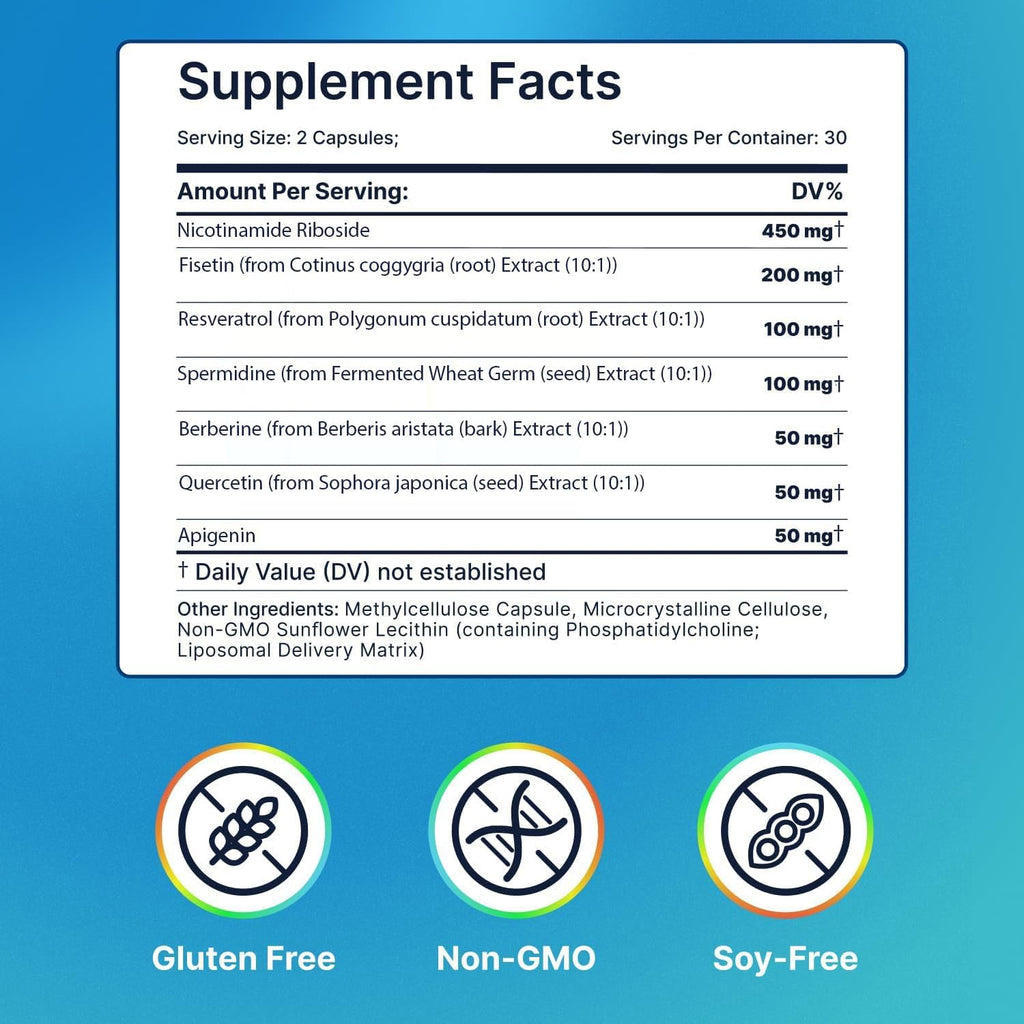 AdvantageNutra Liposomal Nicotinamide Riboside NR Supplement Resveratrol NAD : Nicotinamide 500mg w/Fisetin, Resveratrol Powder Spermidine Berberine NAD Resveratrol Supplement 500 mg - 60 caps 1 Pack AdvantageNutra Au supplements