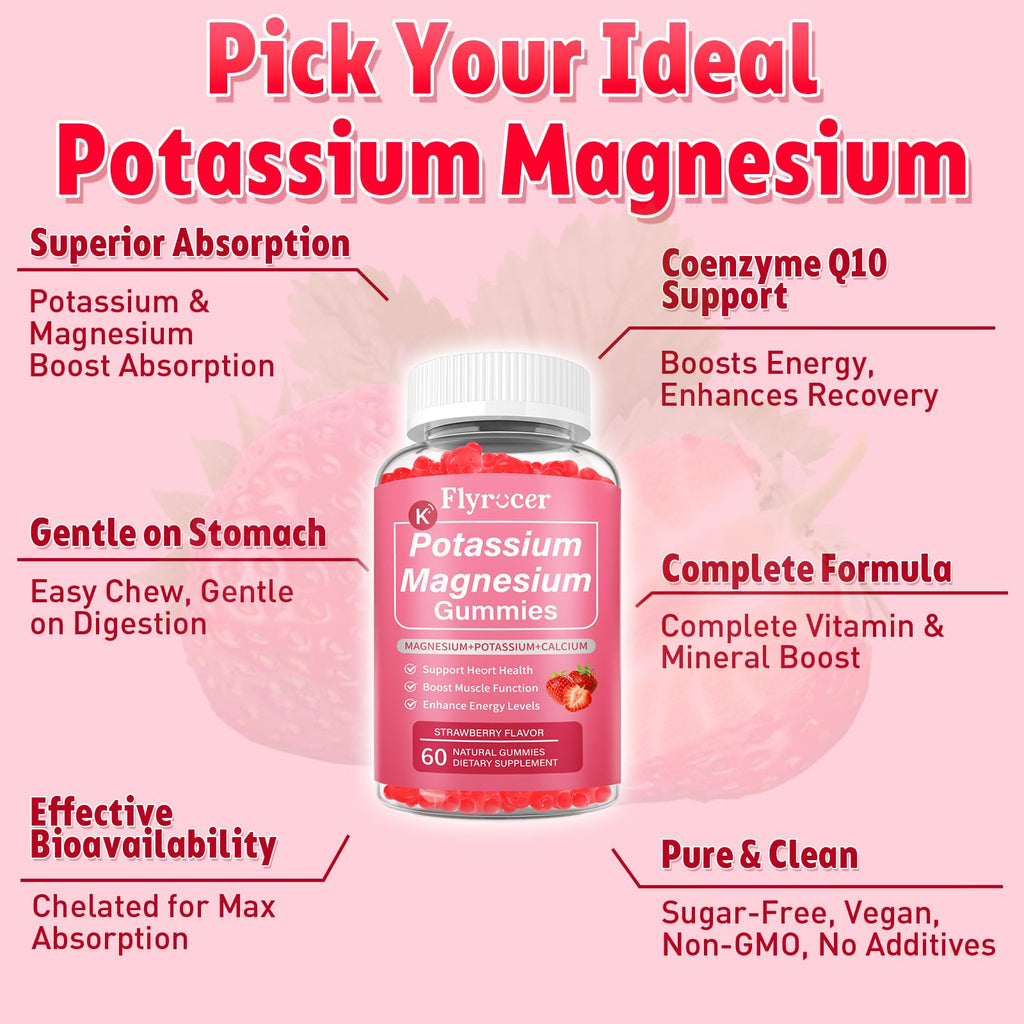 2 Pack Potassium Magnesium Gummies for Men & Women, Potassium Magnesium Supplement for Leg Cramps, Muscle Health, & Electrolyte Balance, Strawberry Flavor, 120 Gummies Flyrocer Au supplements