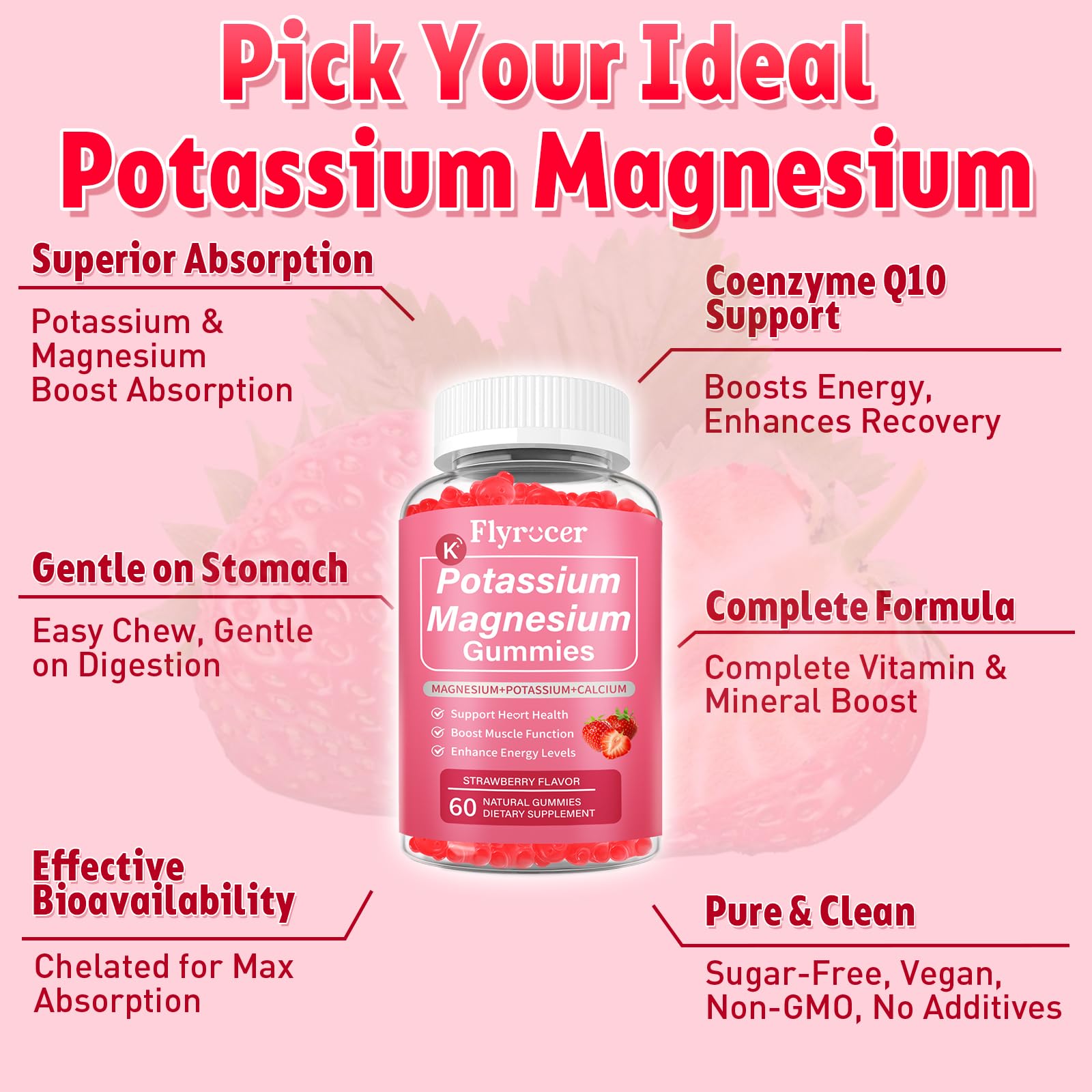 2 Pack Potassium Magnesium Gummies for Men & Women, Potassium Magnesium Supplement for Leg Cramps, Muscle Health, & Electrolyte Balance, Strawberry Flavor, 120 Gummies Flyrocer Au supplements