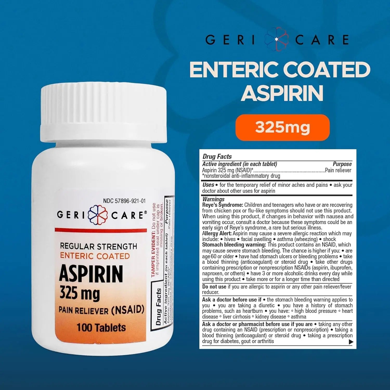 Enteric Coated Aspirin Tablets 325mg (100 Count) by GeriCare- NSAID Pain Reliever & Fever Reducer Coated Aspirin for Adults- Regular Strength Aspirin for Headache Arthritis Menstrual & Muscle Pain GeriCare Au supplements