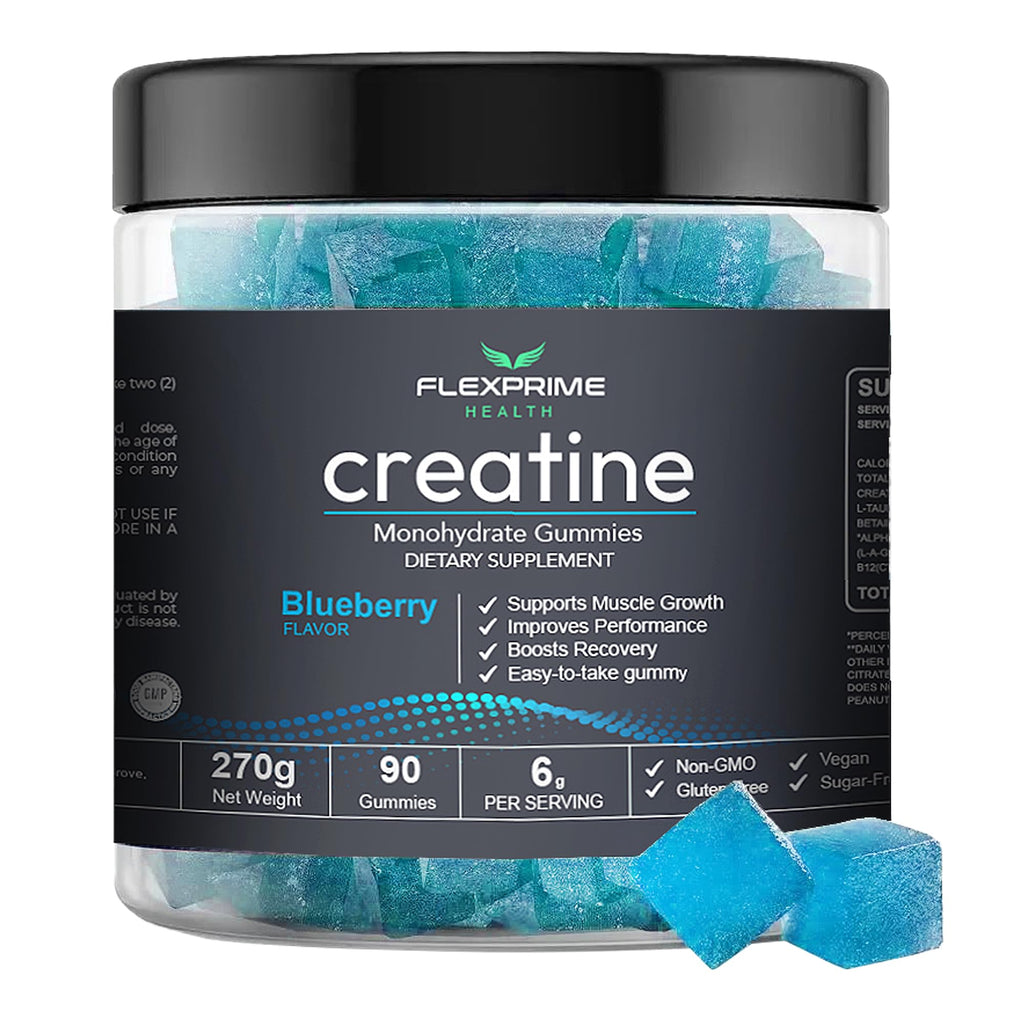 FlexPrime Creatine Gummies Sugar Free - 6g Creatine Monohydrate + L-Taurine, Alpha GPC, Betaine | Vegan Halal Blueberry Chews for Lean Muscle, Strength, Brain Health | Men Women 90 Count FlexPrime Au supplements