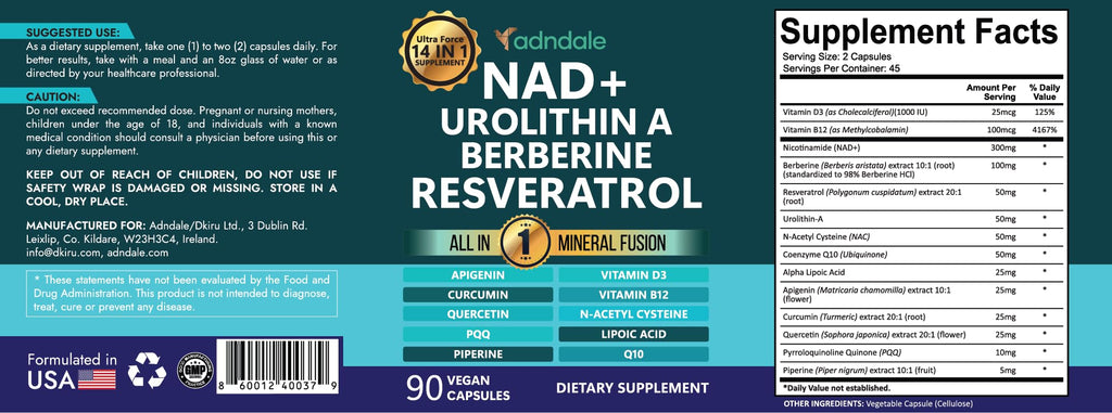 Adndale NAD Supplement. Longevity Formula with Liposomal NAD+, Trans Resveratrol, Urolithin-A, Berberine, CoQ10. NMN Supplement Alternative. 90 Count Adndale Au supplements
