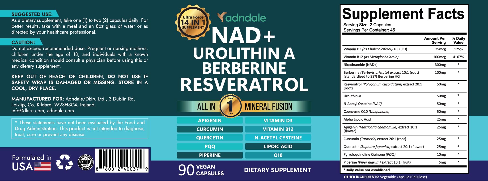 Adndale NAD Supplement. Longevity Formula with Liposomal NAD+, Trans Resveratrol, Urolithin-A, Berberine, CoQ10. NMN Supplement Alternative. 90 Count Adndale Au supplements