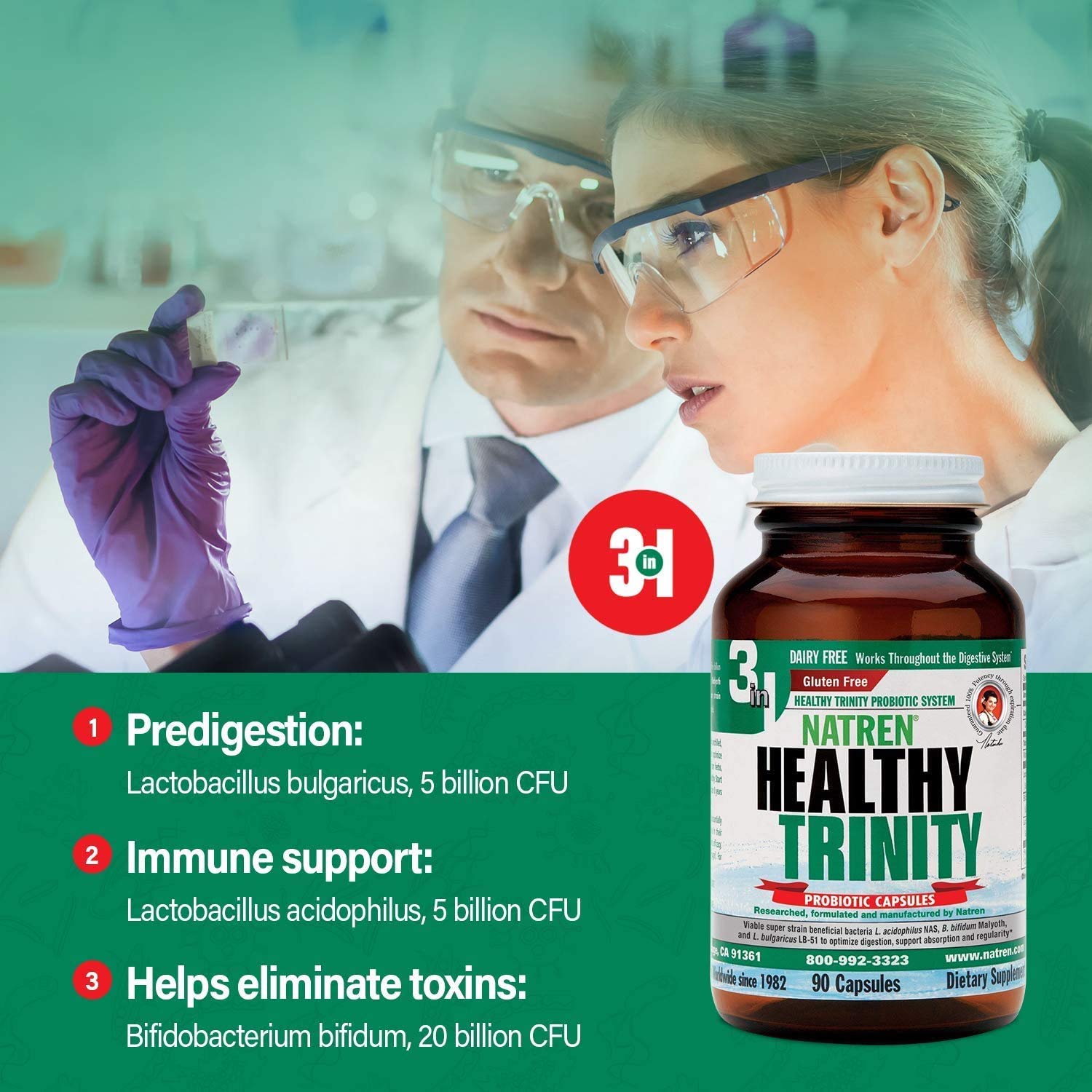 Natren Healthy Trinity Probiotics Supplement - 90 Dairy and Gluten Free Gel Capsules - Improve Gut and Digestive Health, 30 Billion CFU - Lactobacillus Acidophilus, Bifidobacterium, Bulgaricus Natren Au supplements