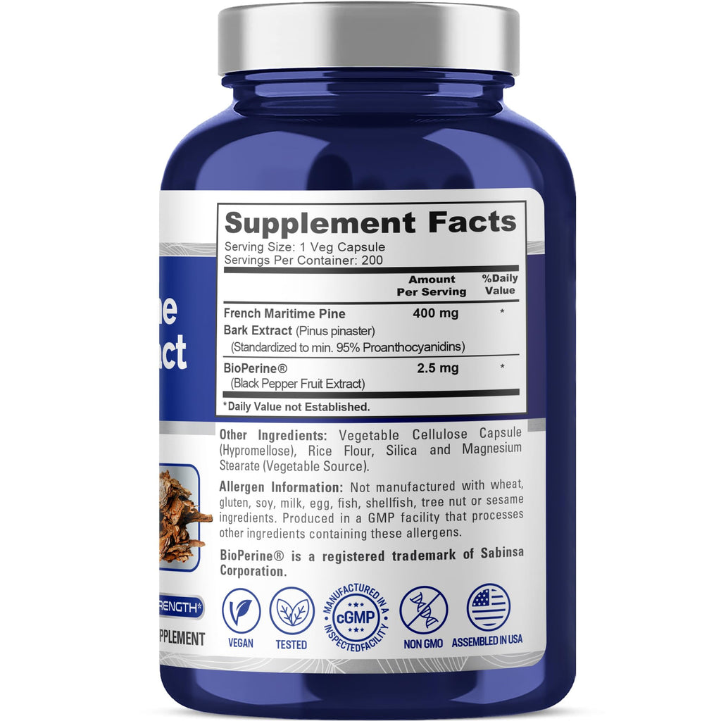NusaPure French Maritime Pine Bark Extract 400mg per Veggie Caps 200-Day Supply Bioperine Non-GMO Vegan NusaPure Au supplements