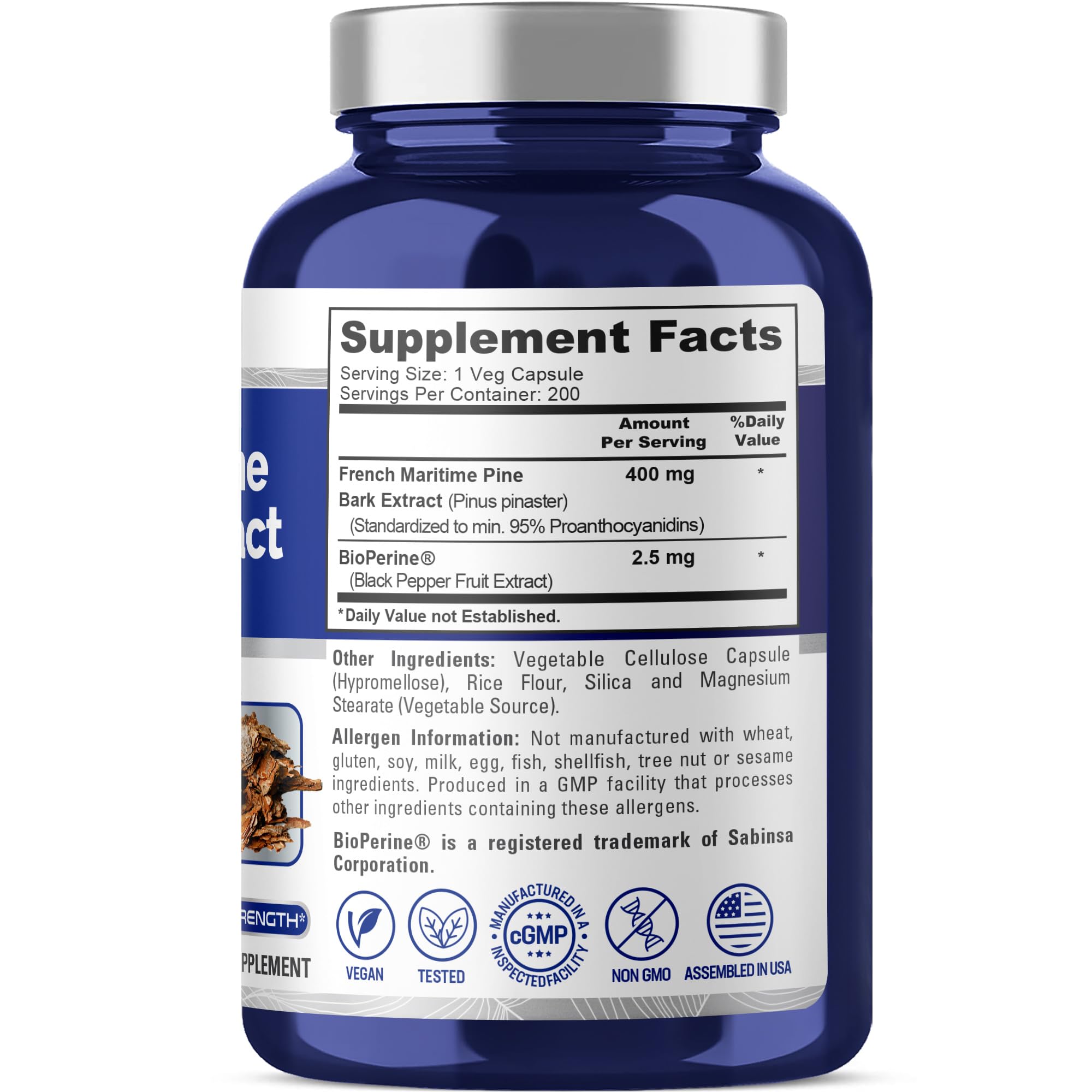 NusaPure French Maritime Pine Bark Extract 400mg per Veggie Caps 200-Day Supply Bioperine Non-GMO Vegan NusaPure Au supplements