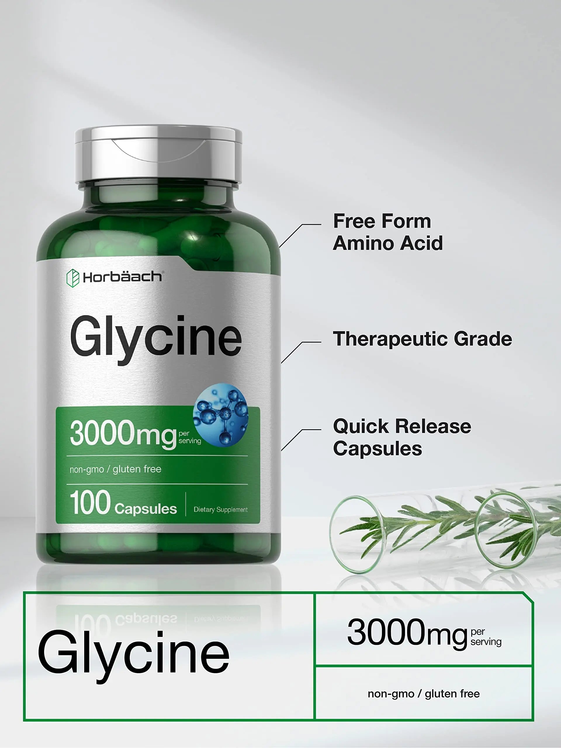 Glycine 3000 mg 100 Capsules | Non-GMO, Gluten Free Glycine Supplement | by Horbaach Horbäach Au supplements