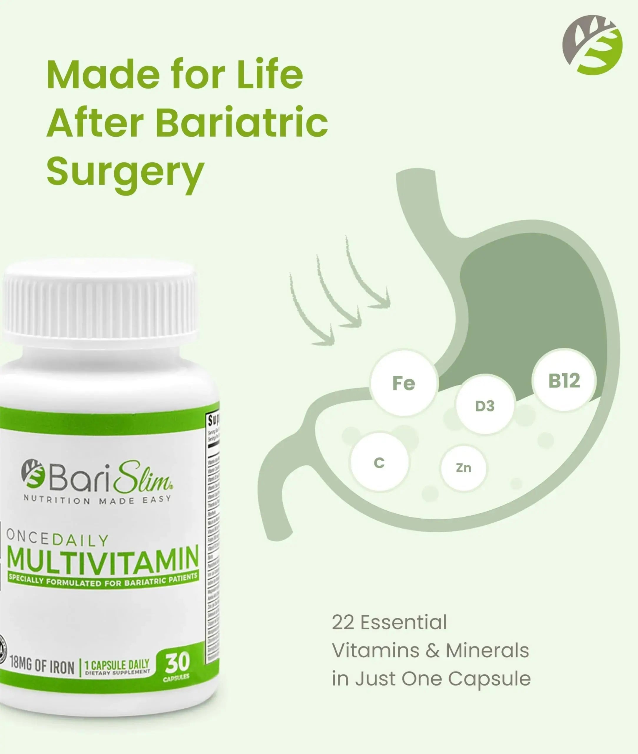 BariSlim Once Daily Bariatric Multivitamin Capsule - 18mg of Iron - Bariatric Vitamin & Supplement for Post Surgery Including Gastric Bypass BariSlim Au supplements