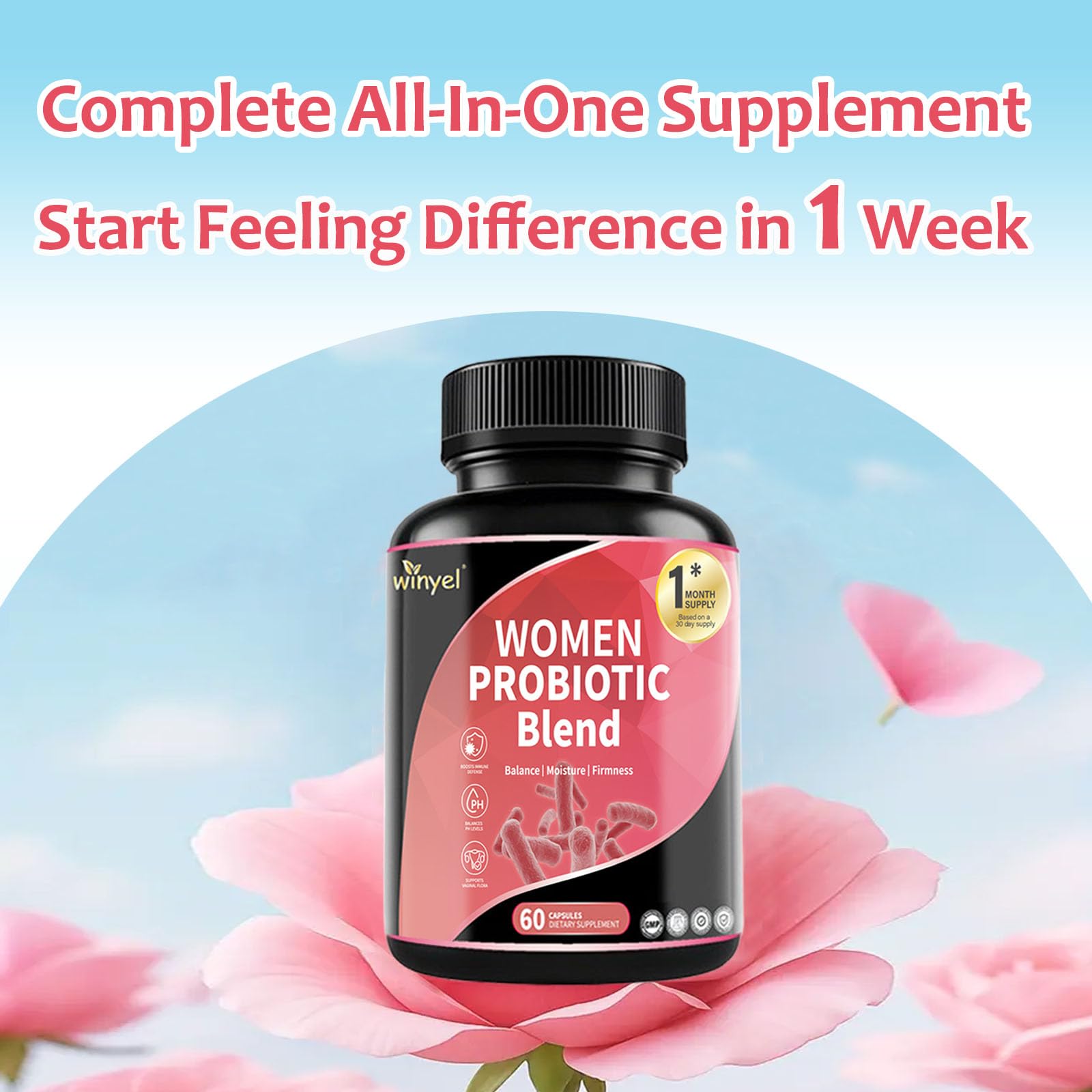WINYEL Vaginal Probiotics for Women with Prebiotics & Herbal Blend – pH Balance & Feminine Health Support – Multi-Strain Lactobacillus for Vaginal Flora,