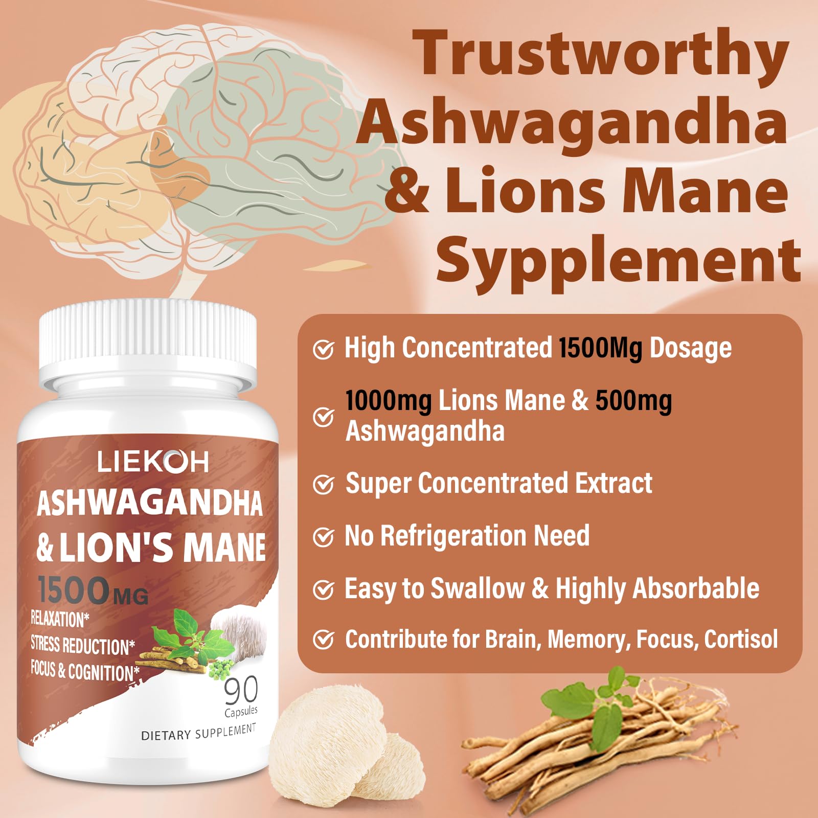 Liekoh Ashwagandha & Lions Mane Supplement Capsules, Brain Supplements for Memory and Focus, Ashwagandha Supplement with Rhodiola & Black Peppe, Cortisol Supplements for Women & Men,90 Caps Liekoh Au supplements