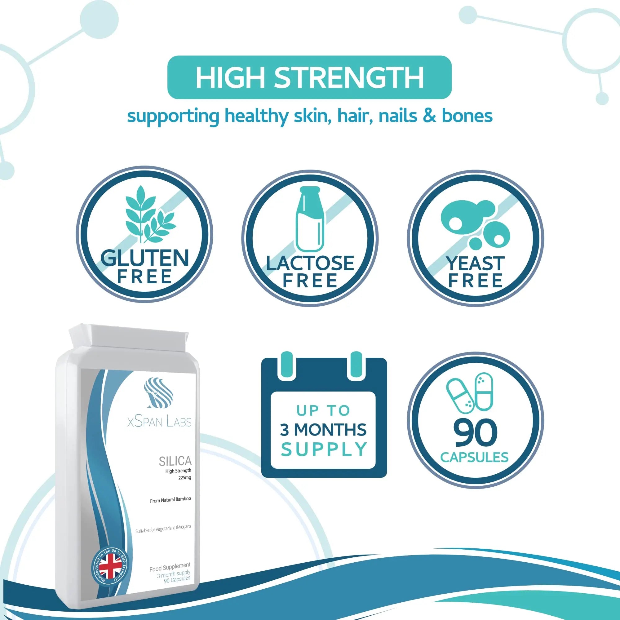 Silica 225mg – 90 Capsules - A Potent Highly Bioavailable Form - Naturally Sourced from Bamboo Extract - One-A-Day Vegan Capsules to Support Healthy Hair, Nails and Skin - Made in The UK Xspan Labs Au supplements