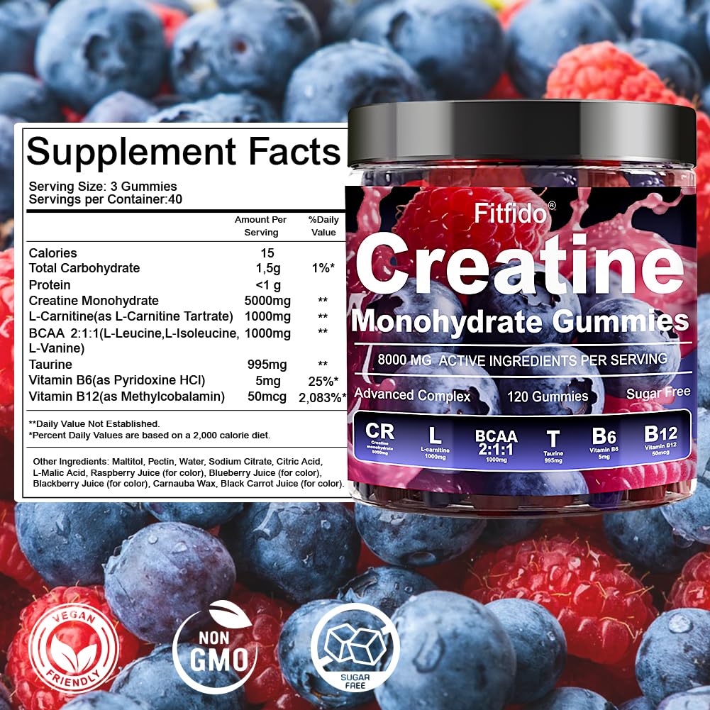 Creatine Monohydrate Gummies Complex 8000mg for Men and Women, Containing L-carnitine & Taurine, Build Muscle, Boost Energy, Faster Recovery, Sugar Free & Vegan