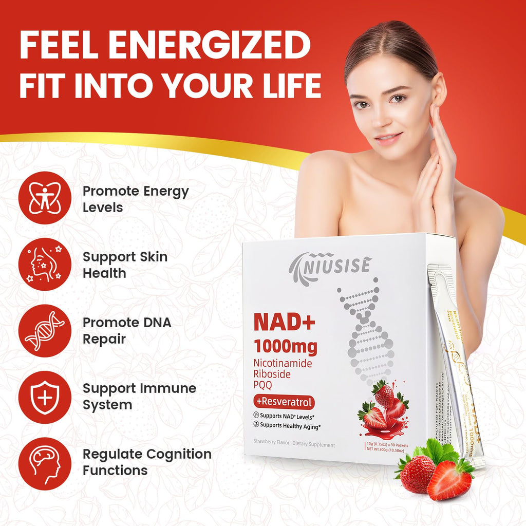 NIUSISE NAD Supplement, NAD+ Liquid, 1000mg Enhanced Formula with PQQ, Nicotinamide Riboside & Resveratrol, Advanced Anti-Aging Support for Men & Women, Sustained Energy, Vitality Boost (30 Packets) NIUSISE Au supplements