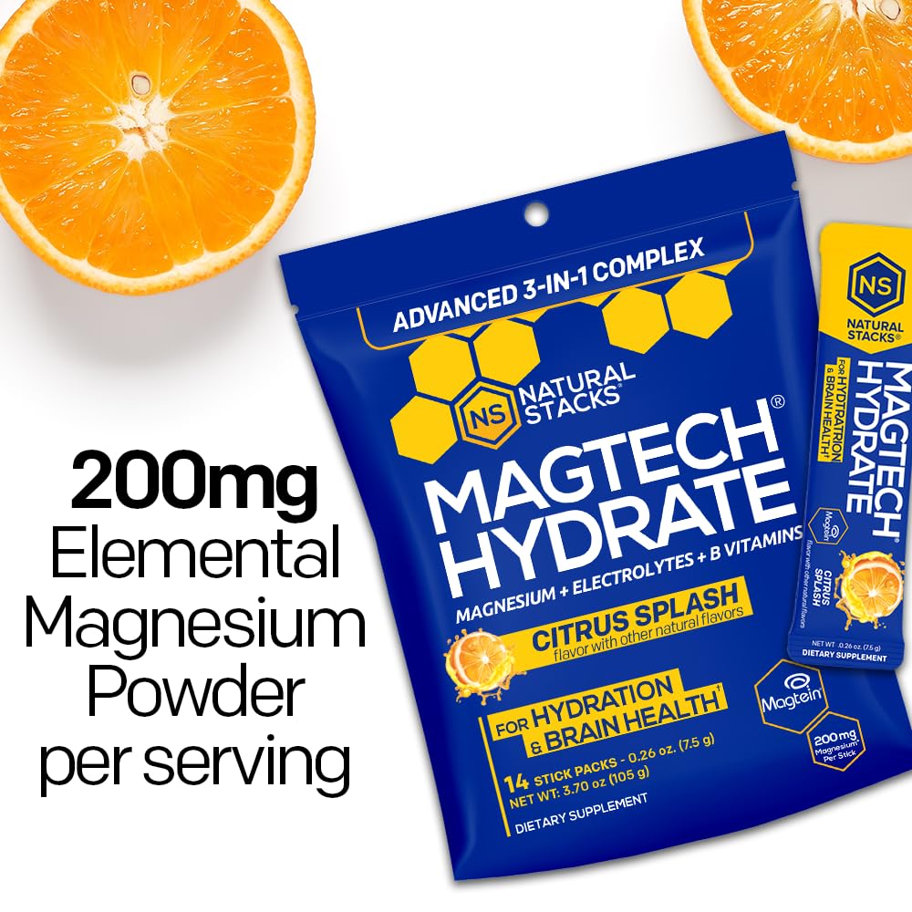 MagTech Magnesium Hydrate Packets - Sugar Free Hydration Powder - Magtein Magnesium L-Threonate, Glycinate & Taurate - 200mg Chelated Triple Complex - Supports Hydration & Brain Health* - 14 Servings NATURAL STACKS Au supplements