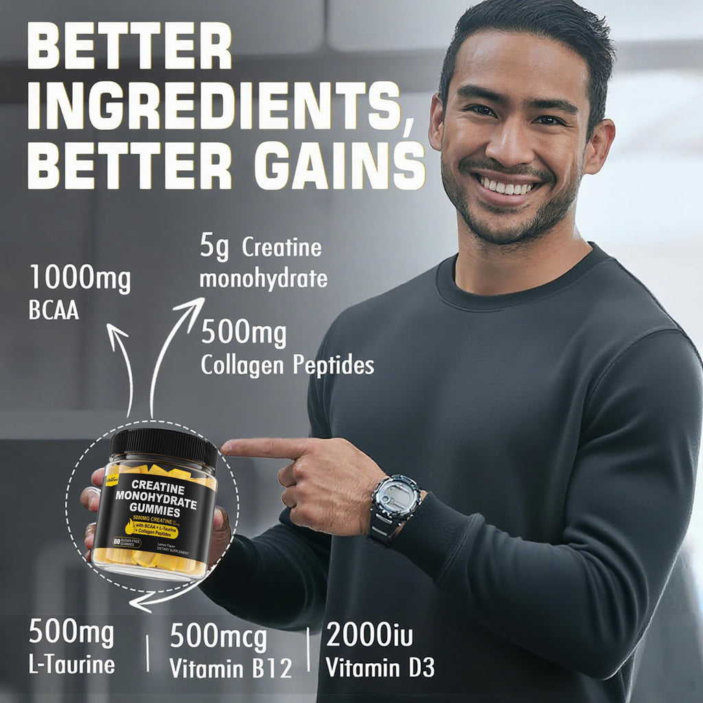 Creatine Monohydrate Gummies for Men & Women - with BCAA, Collagen Peptides, L-Taurine, Vitamin B12, D3, Chewables Creatine Monohydrate 5g Per Serving, Natural Lemon Flavor, Sugar Free, 2 Pack EnvyCure Au supplements