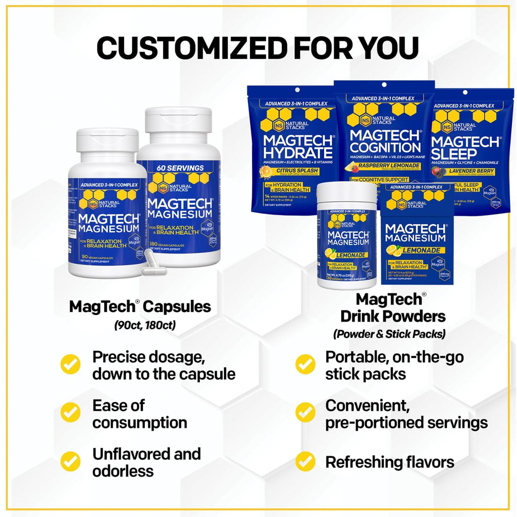 NATURAL STACKS Dopamine Brain Food + Magtech Magnesium Bundle - Chelated Magnesium Complex - Supports Brain Health & Mental Drive* - 150 Total Capsules NATURAL STACKS Au supplements