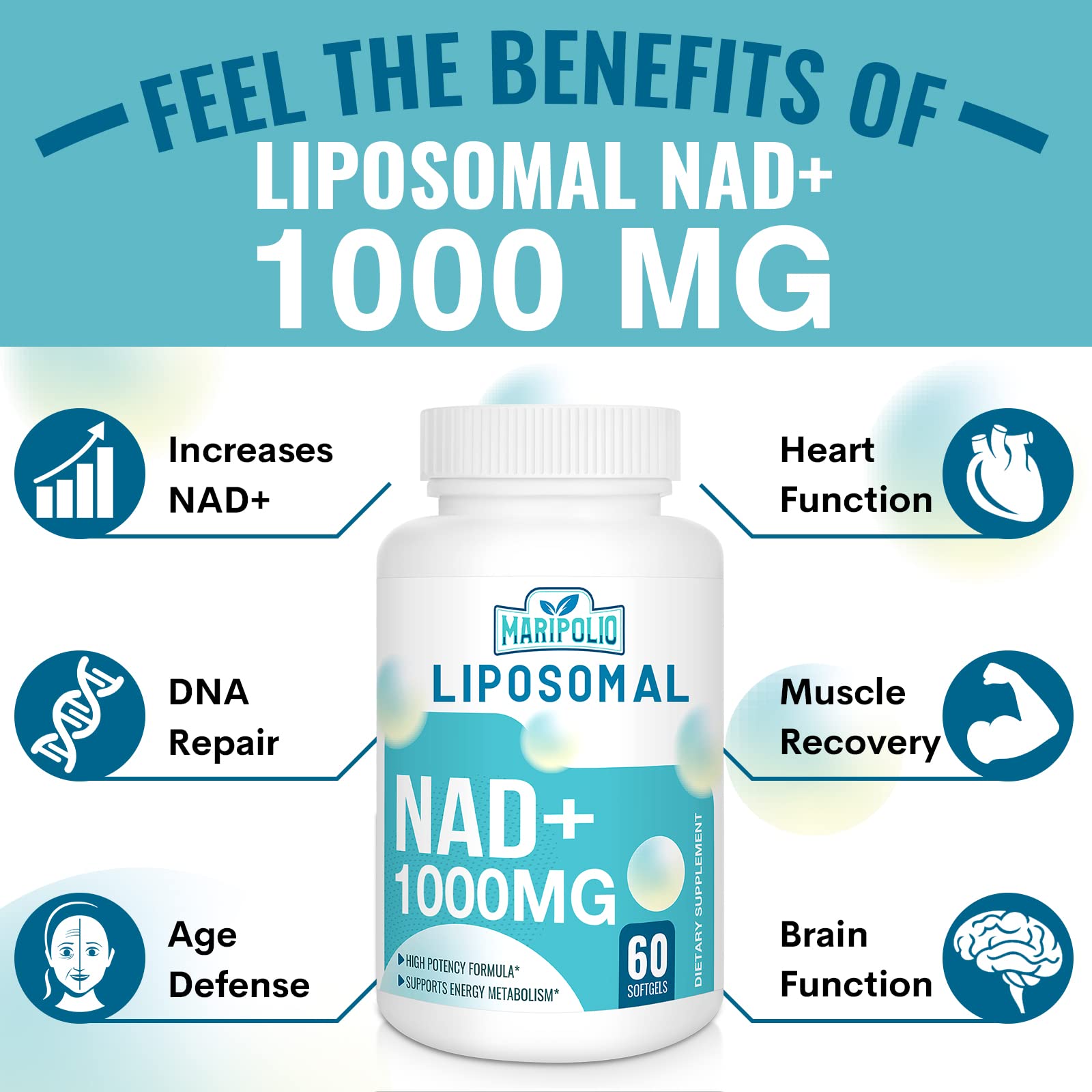 Maripolio Liposomal NAD+ 1000 mg Supplement | High Bioavailability Liposomal Delivery | Cellular Energy & Wellness Support | Pure NAD+ Dietary Supplement for Men,Women, 60 Softgels Maripolio Au supplements