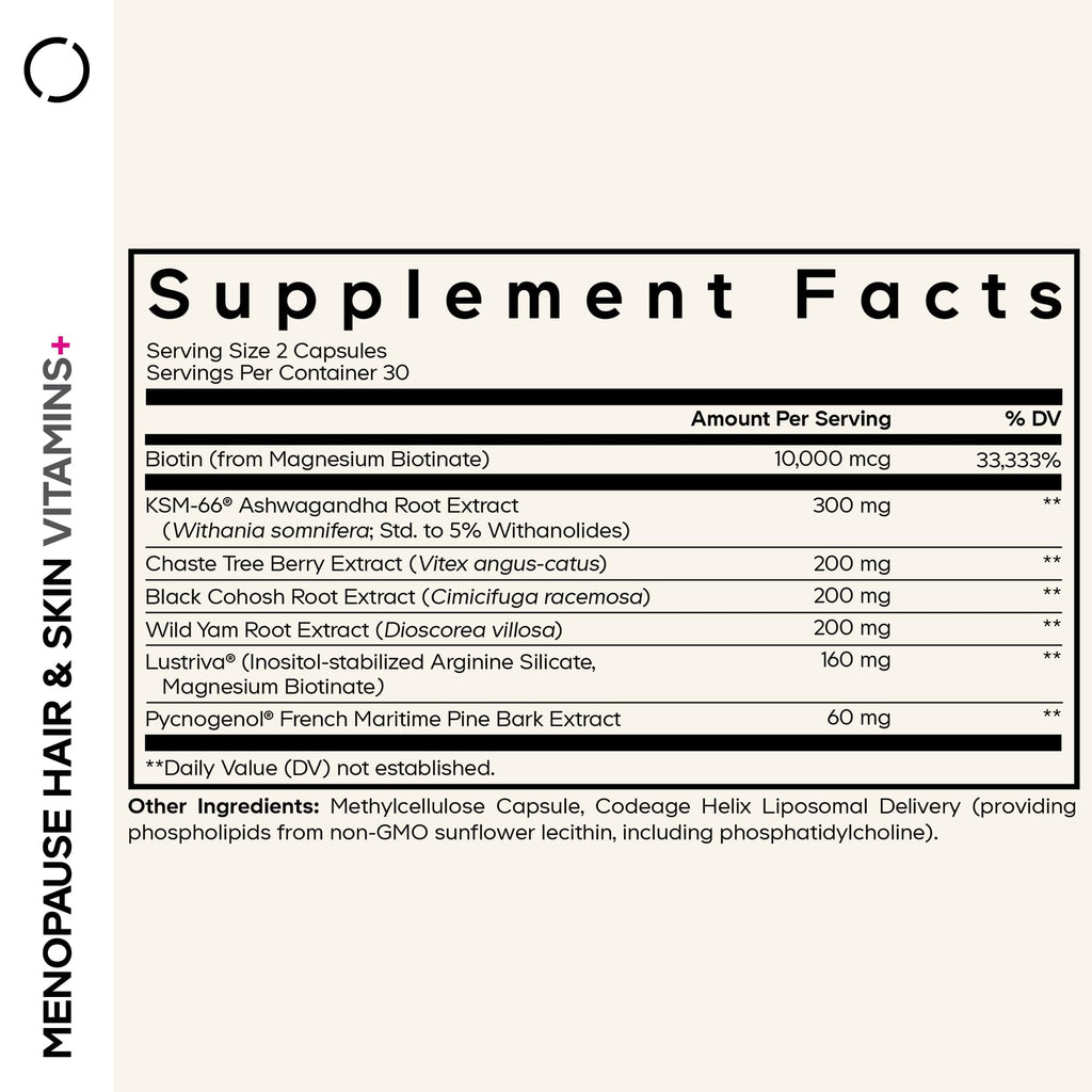 Codeage Menopause Hair & Skin Vitamins+ - Patented Lustriva, Pycnogenol, KSM-66 Ashwagandha - Hair Density Skin Perimenopause Support - Menopause Supplement - 10,000 Mcg Biotin, Wild Yam - 60 Capsules Codeage Au supplements