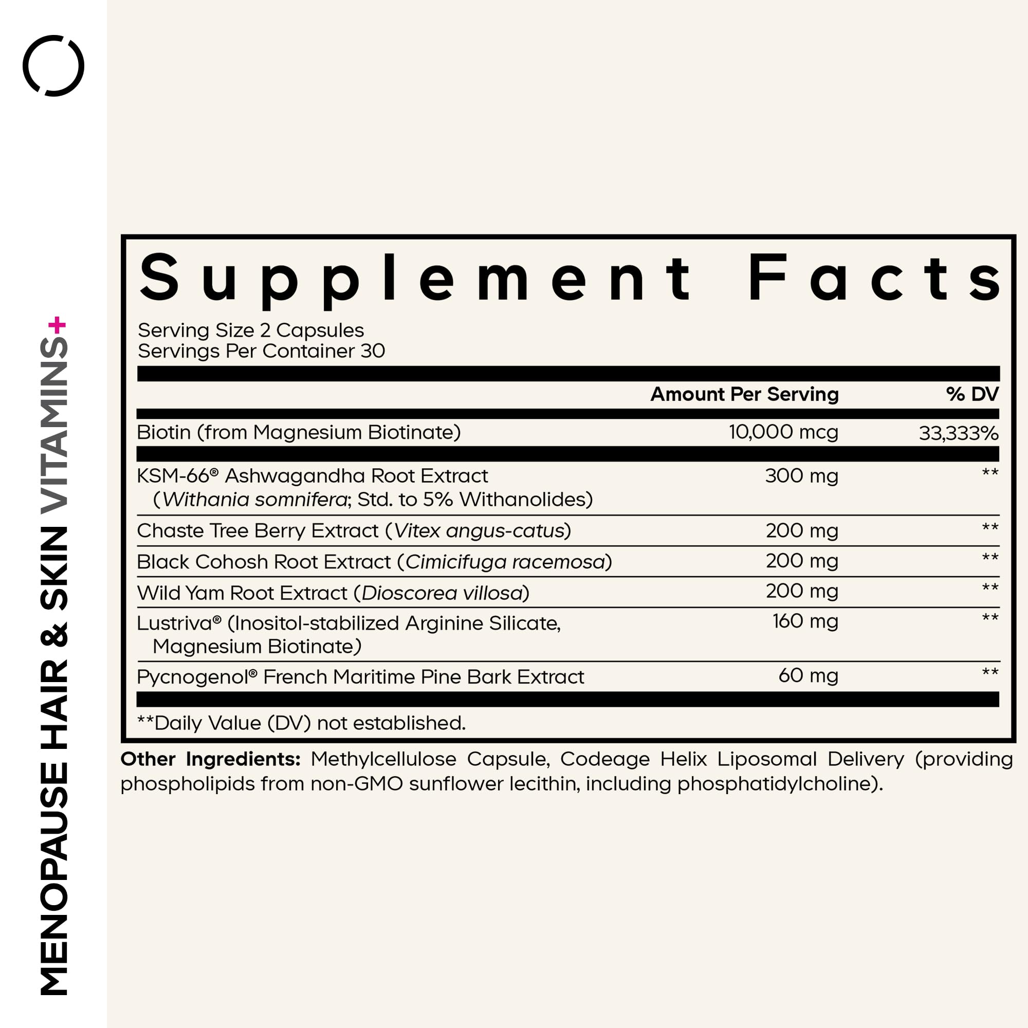 Codeage Menopause Hair & Skin Vitamins+ - Patented Lustriva, Pycnogenol, KSM-66 Ashwagandha - Hair Density Skin Perimenopause Support - Menopause Supplement - 10,000 Mcg Biotin, Wild Yam - 60 Capsules Codeage Au supplements