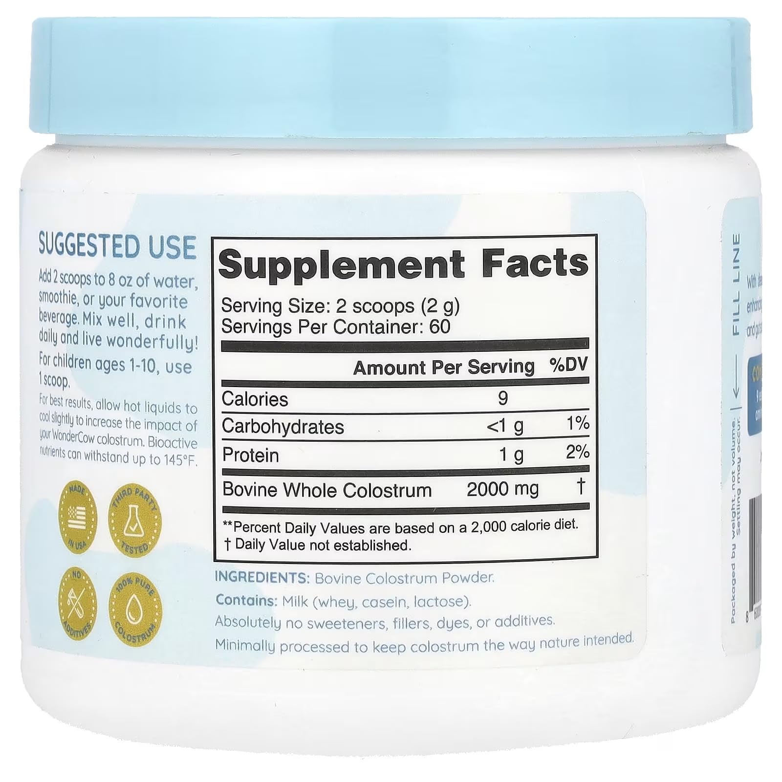 WONDERCOW Colostrum Supplement Powder for Gut Health, Immune Support & Wellness | Natural IgG Pure Whole Bovine Colostrum Superfood