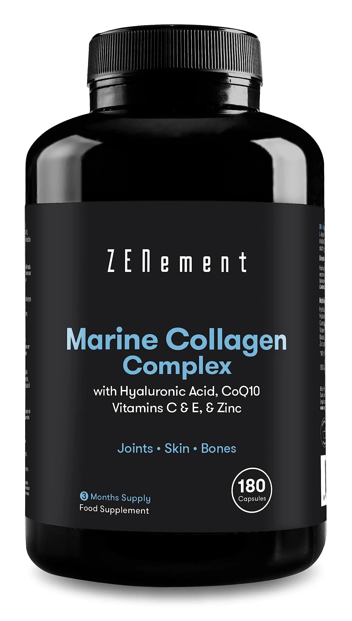 Marine Collagen Complex, with Hyaluronic Acid, CoQ10, Vitamins C & E, & Zinc, 180 Capsules Zenement Au supplements